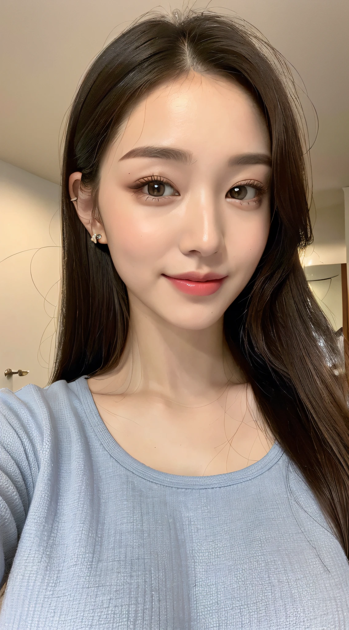 ((Best Quality, 8K, Masterpiece: 1.3)), 1girl, Slim Abs Beauty: 1.3, (Casual hairstyle, Big Breasts: 1.2), Dress: 1.1, Super fine face, Detailed eyes, Double eyelids, smile, Home, Focus
