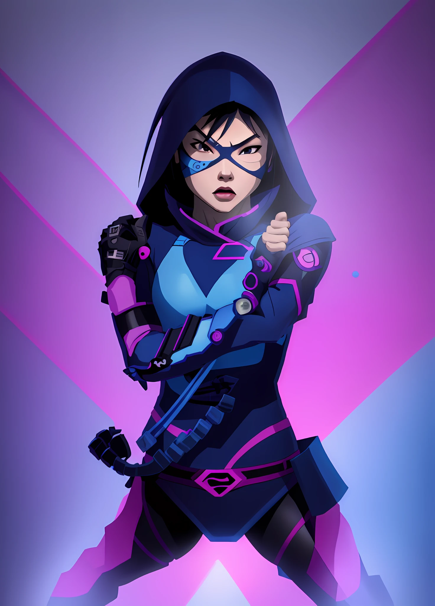 super heroine ninja, asian woman, trans woman, tgirl, cool ninja, small blue and pink details, small breasts, mouth mask, cool ninja, 8k, shadows, dark background, vigilant super heroine, dark, cute