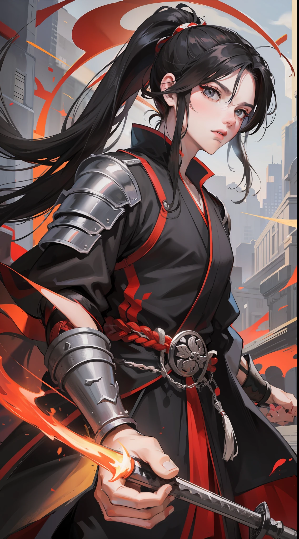 Adult man, black long hair, high ponytail, gray eyes, red hanfu, fiery sword, masterpiece, high quality