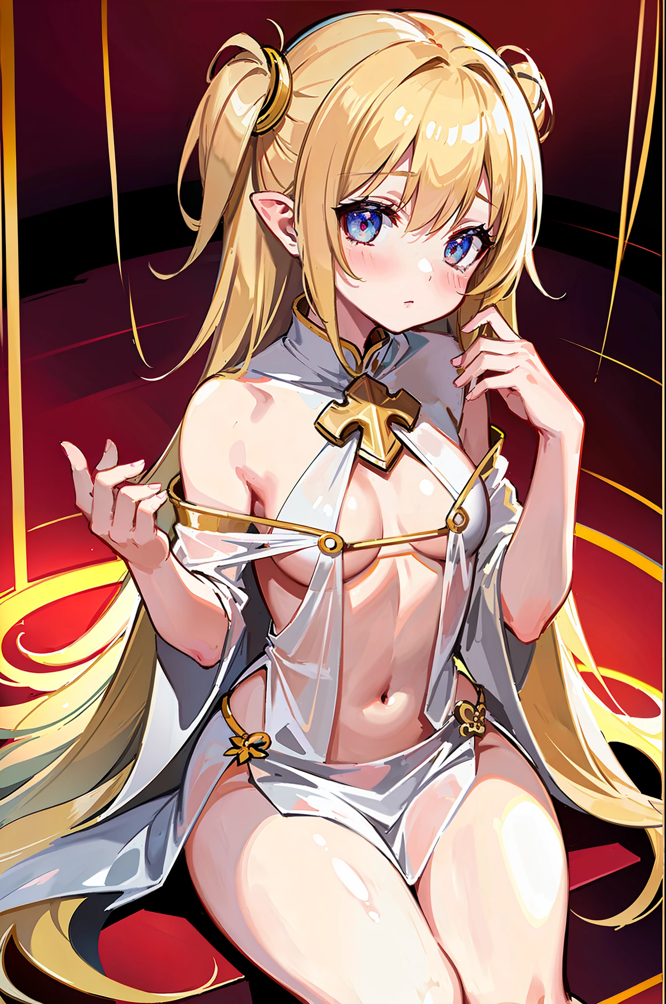 (MASTERPIECE), (Best Quality), (Ultra Detail), Official Art, One Girl, Golden Haired , Petite Littint Lori, Holy Priestess, Gold and Silver See-Through Robe, Sleeveless, Off Shoulder, Small, Small Breasts, Cleavage, Underboob, Thigh Focus, Navel Out, Beautiful Eyes, Sitting on a Red and Gold Chair, Card Illustration, Temple, Wallpaper