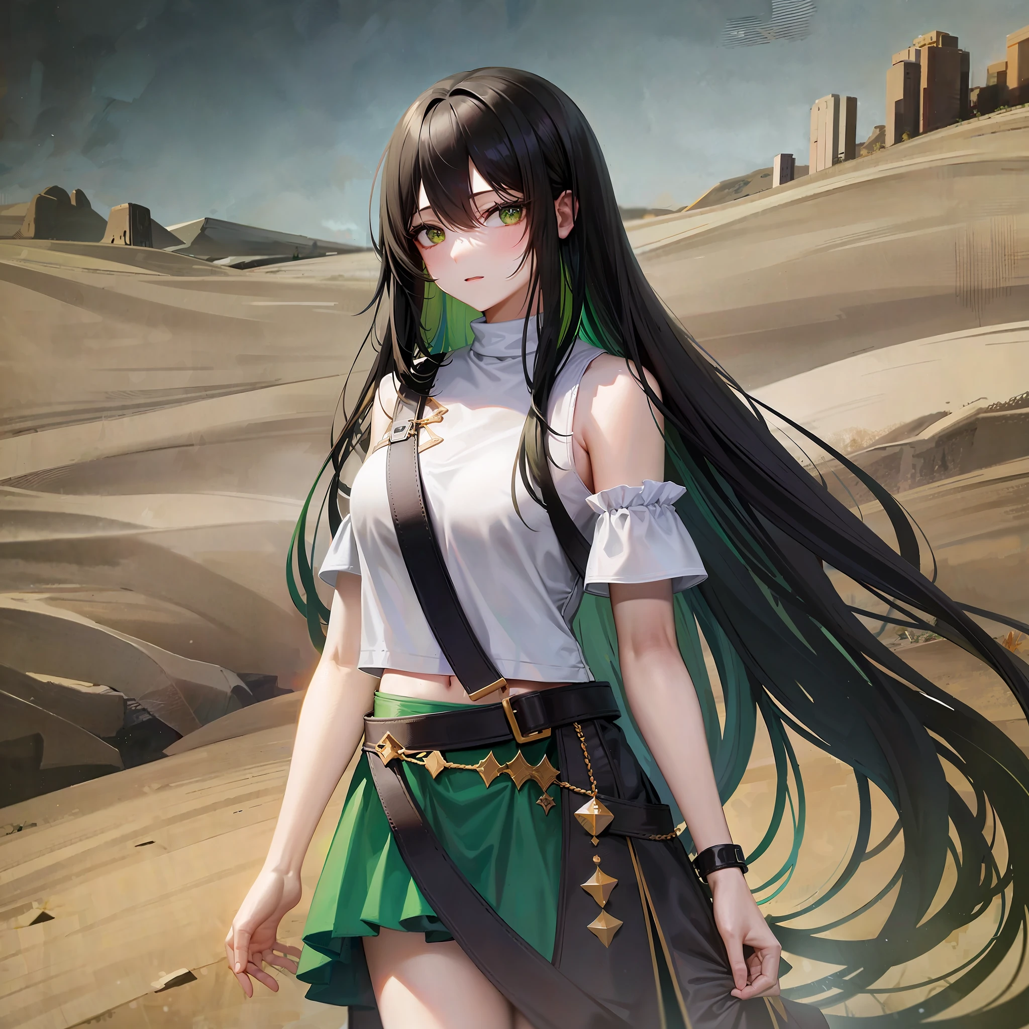 Adult female, Long black hair with a green streak down the middle, wearing a white shirt with a shoulder strap, short green skirt with gold trim, standing facing the desert, holding a fan