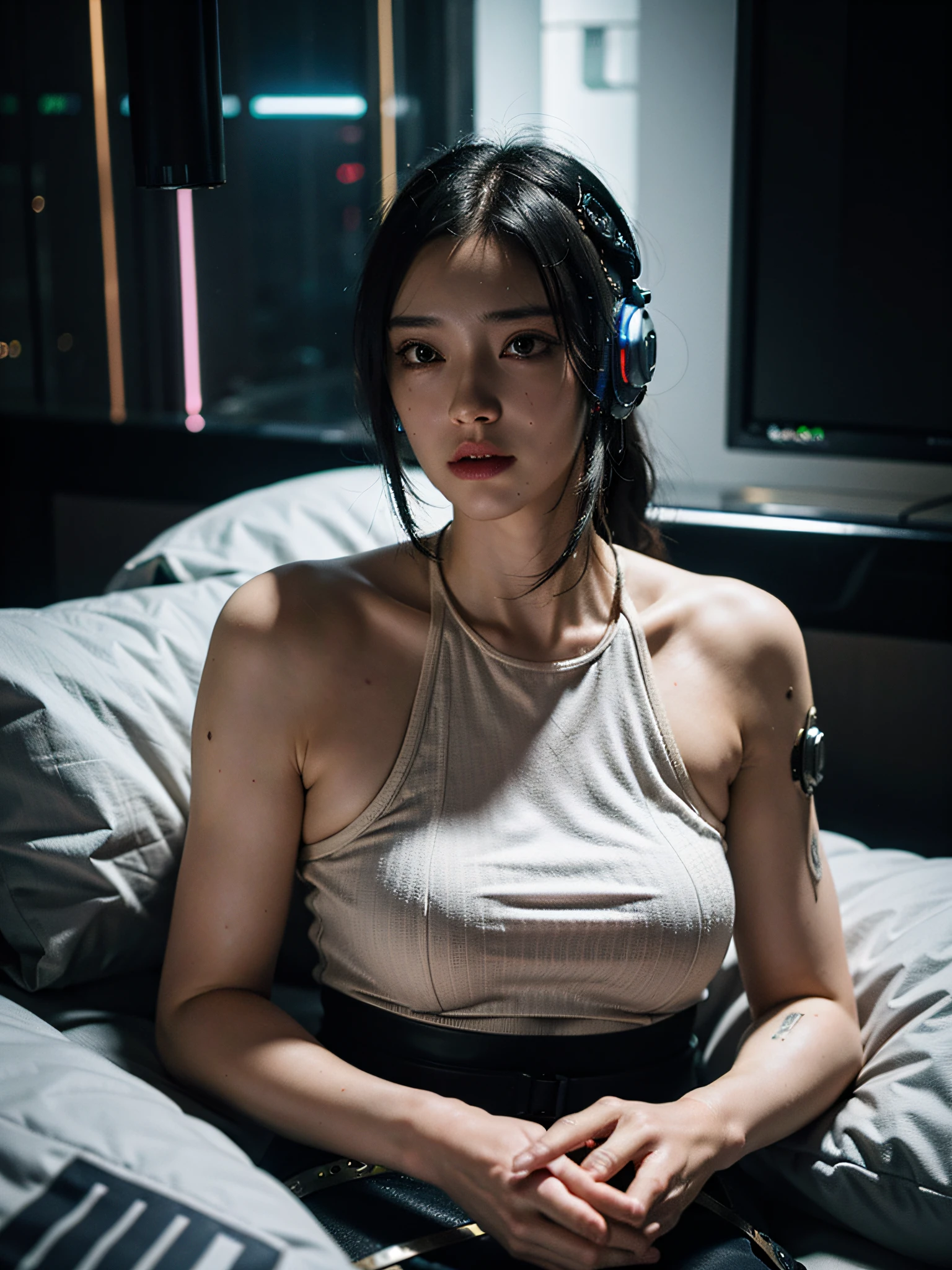 (cyberpunk:1.4), (photorealistic:1.4), (best quality:1.0), (ultra highres:1.0), 8k, RAW photo, (masterpiece:0.2), ultra-detailed, 1girl, pale skin, detailed skin, looking In the audience, on the pillow, on the bed,