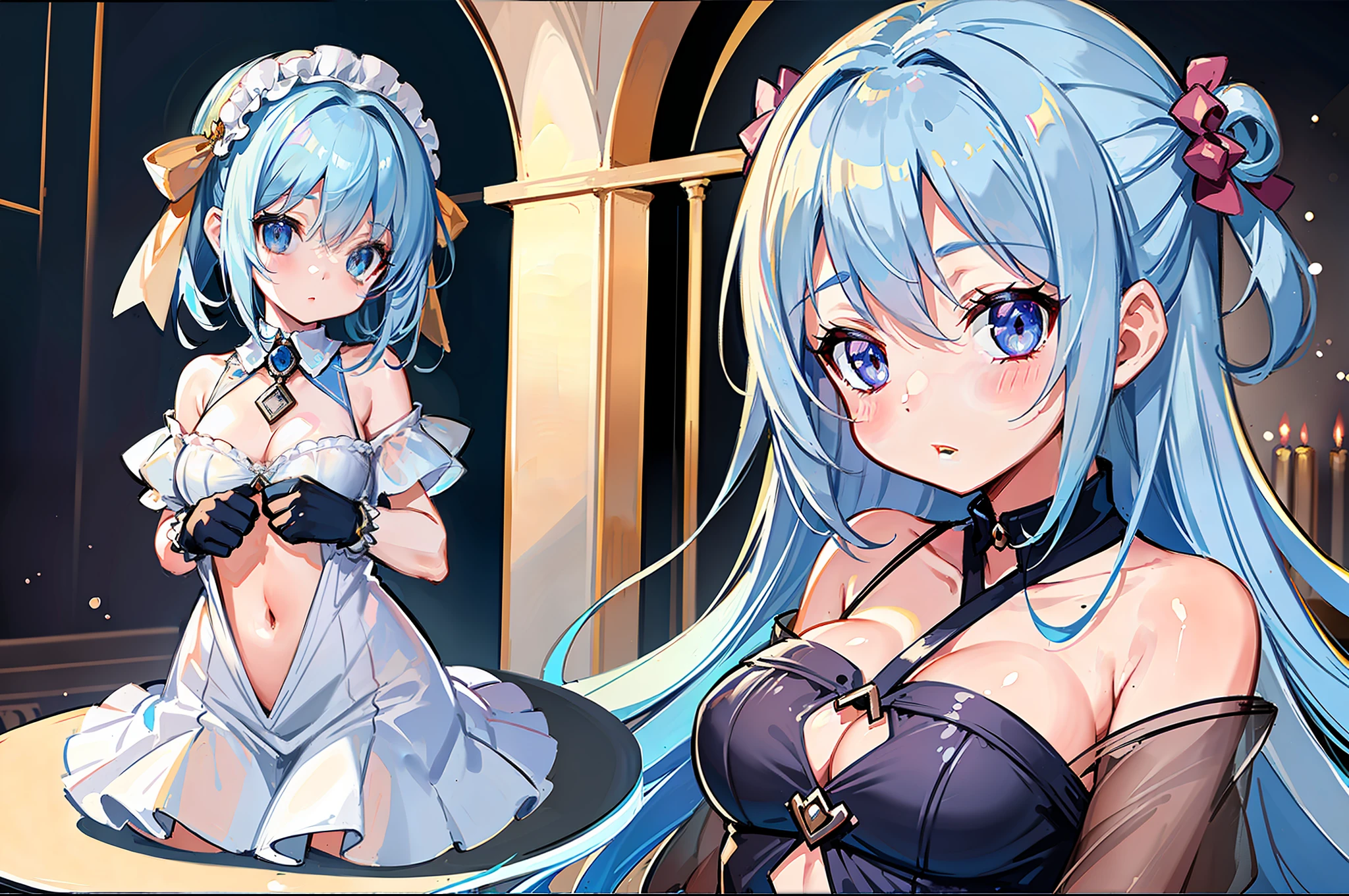 (MASTERPIECE), (Best Quality), (Ultra Detail), Official Art, One Girl, Lori with Pale Light Blue Hair, Petite Little Girl, Lori, Blue and Silver See-Through Dress, Sleeveless, Off Shoulder, Small, Small, Underboob, Cleavage, Thigh Focus, Navel Out, Card Illustration, Sacred Fountain, Wallpaper