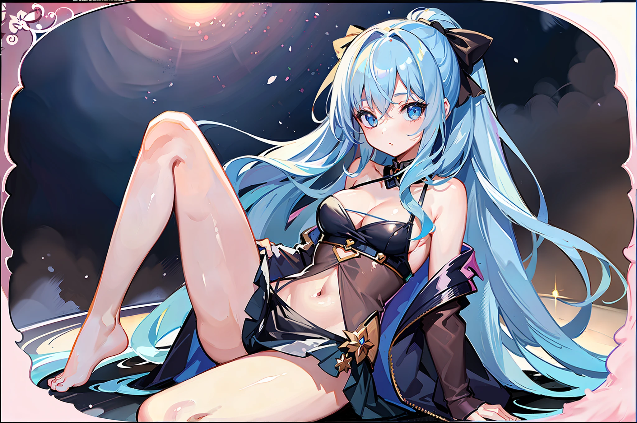 (MASTERPIECE), (Best Quality), (Ultra Detail), Official Art, One Girl, Lori with Pale Light Blue Hair, Petite Little Girl, Lori, Blue and Silver See-Through Dress, Sleeveless, Off Shoulder, Small, Small, Underboob, Cleavage, Thigh Focus, Navel Out, Card Illustration, Sacred Fountain, Wallpaper