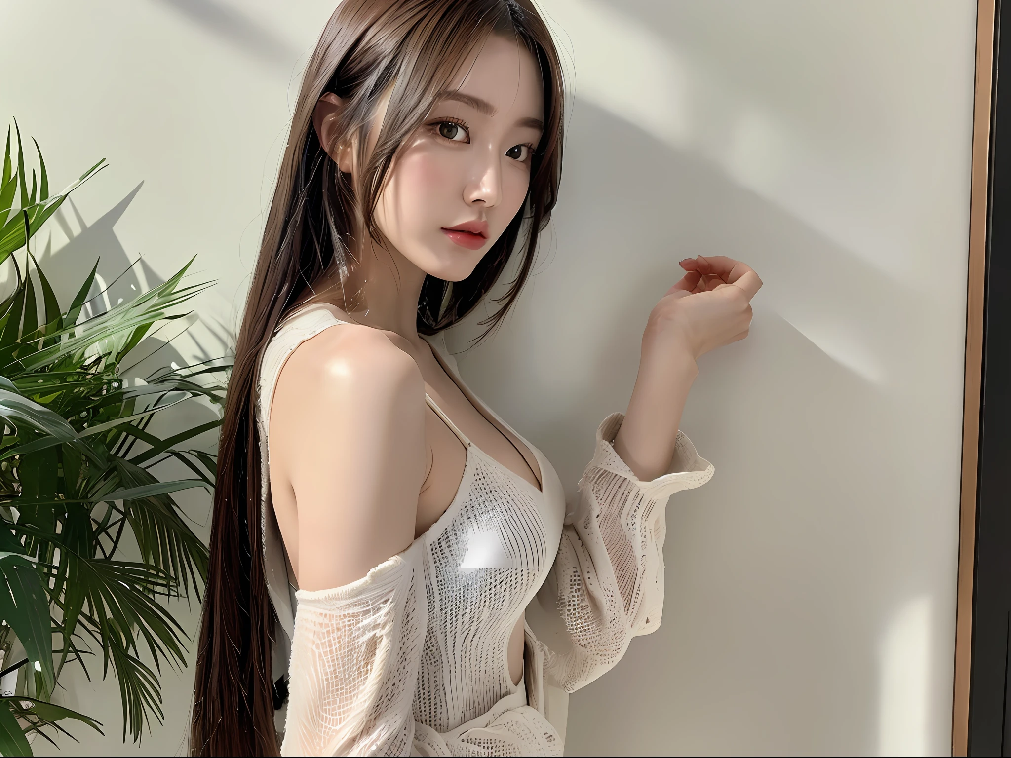 (8k, highest quality, masterpiece: 1.2), (hair_style), (realistic, photorealistic: 1.37), plump eyes, highest quality, masterpiece, standing in front of a white wall, [small breasts], professional lighting, shooting the whole body of the subject from a distance, angle from behind, shot in natural light from morning to noon, fashion style of Japan trend in 2023, real, Super detail, 30s, actress, elaborate CG, slender, hairstyle is straight straight hair, delicate skin type, emphasizes hair luster,