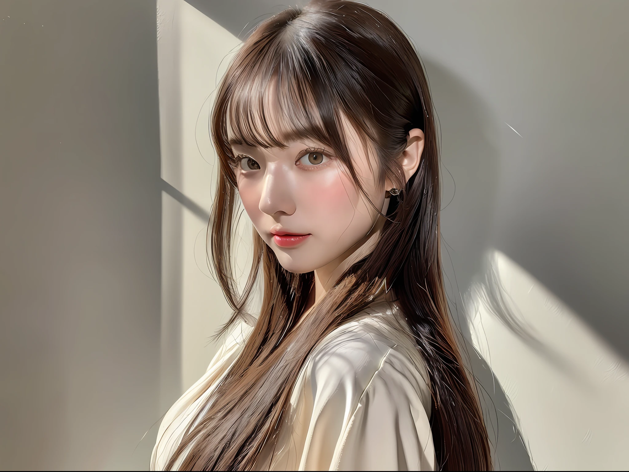 (8k, highest quality, masterpiece: 1.2), (hair_style), (realistic, photorealistic: 1.37), plump eyes, highest quality, masterpiece, standing in front of a white wall, [small breasts], professional lighting, shooting the whole body of the subject from a distance, angle from behind, shot in natural light from morning to noon, fashion style of Japan trend in 2023, real, Super detail, 30s, actress, elaborate CG, slender, hairstyle is straight straight hair, delicate skin type, emphasizes hair luster,