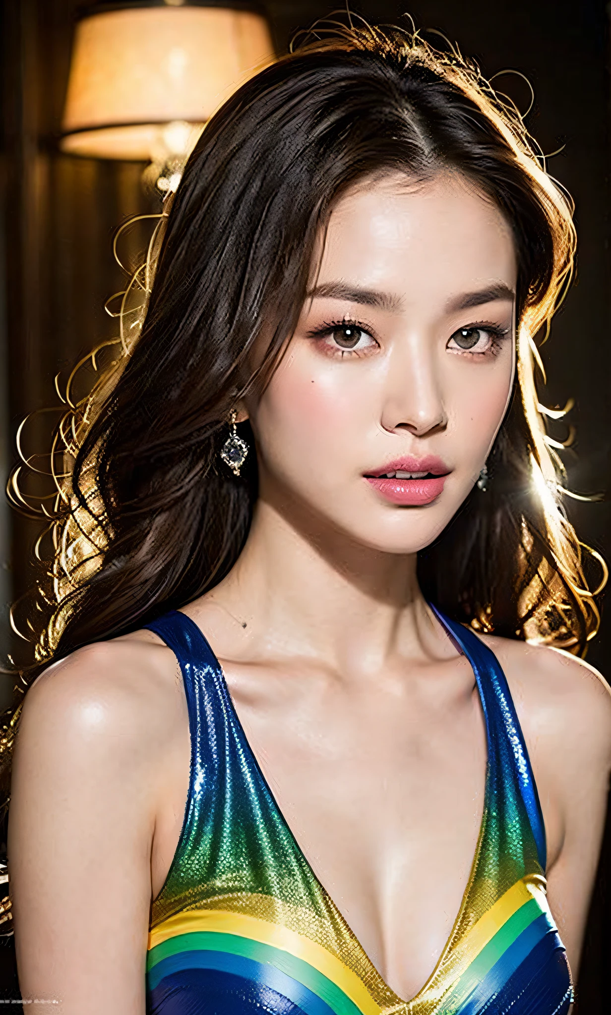 fashion model 25 years old, [[[[closeup]]]], [[[[chest]]]], [[[[neck]]]], [[[[shoulders]]]], [[[full head ]]], perfect eyes , perfect iris, perfect lips, perfect teeth, perfect skin, soft front light, glow, HDR (subdued colors: 1.2), diamond, rainbow, combination of elements of realism and fantasy by artists such as Phil Koch and Joseph Christian Leyendecker.