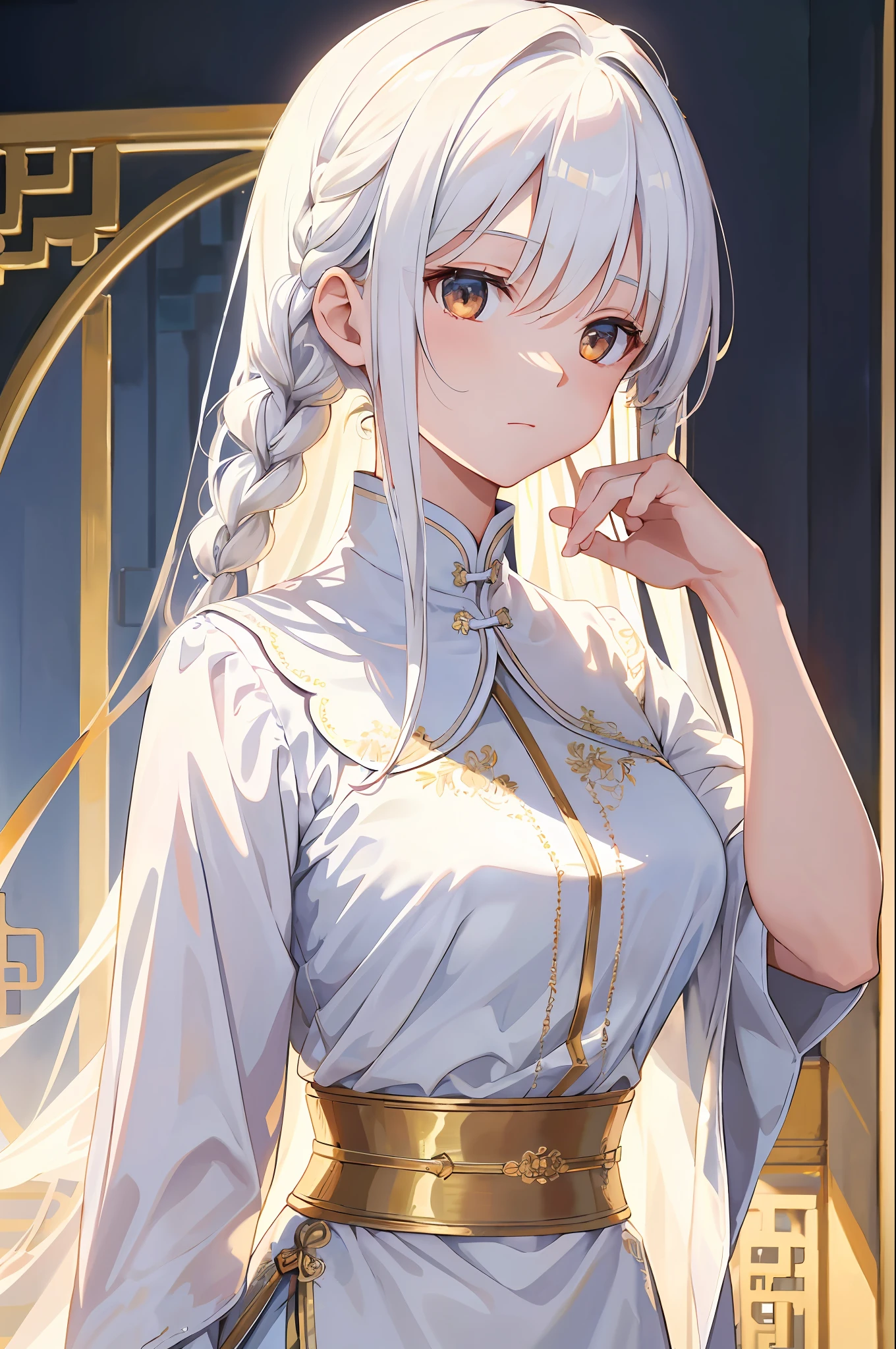 (Extremely delicate, masterpiece, excellent light and shadow, 8K HD wallpaper), white hair, golden eyes, white clothes intermittently translucent, looking up at the upper body, fair and rosy skin, waist tie, side braid swing,chinese
