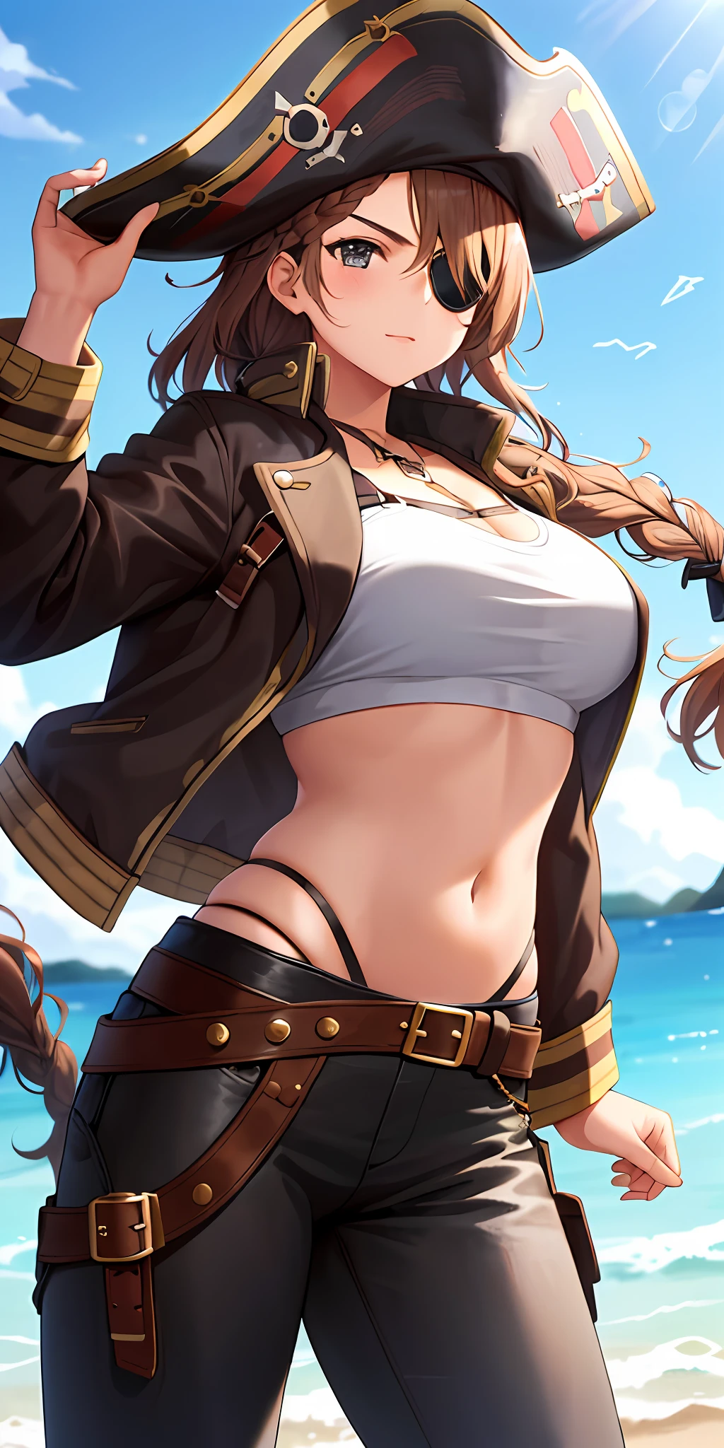 1girl, solo, brown braided hair, large breasts, pirate hat, (open jacket, crop top, eye patch), leather pants, island background
