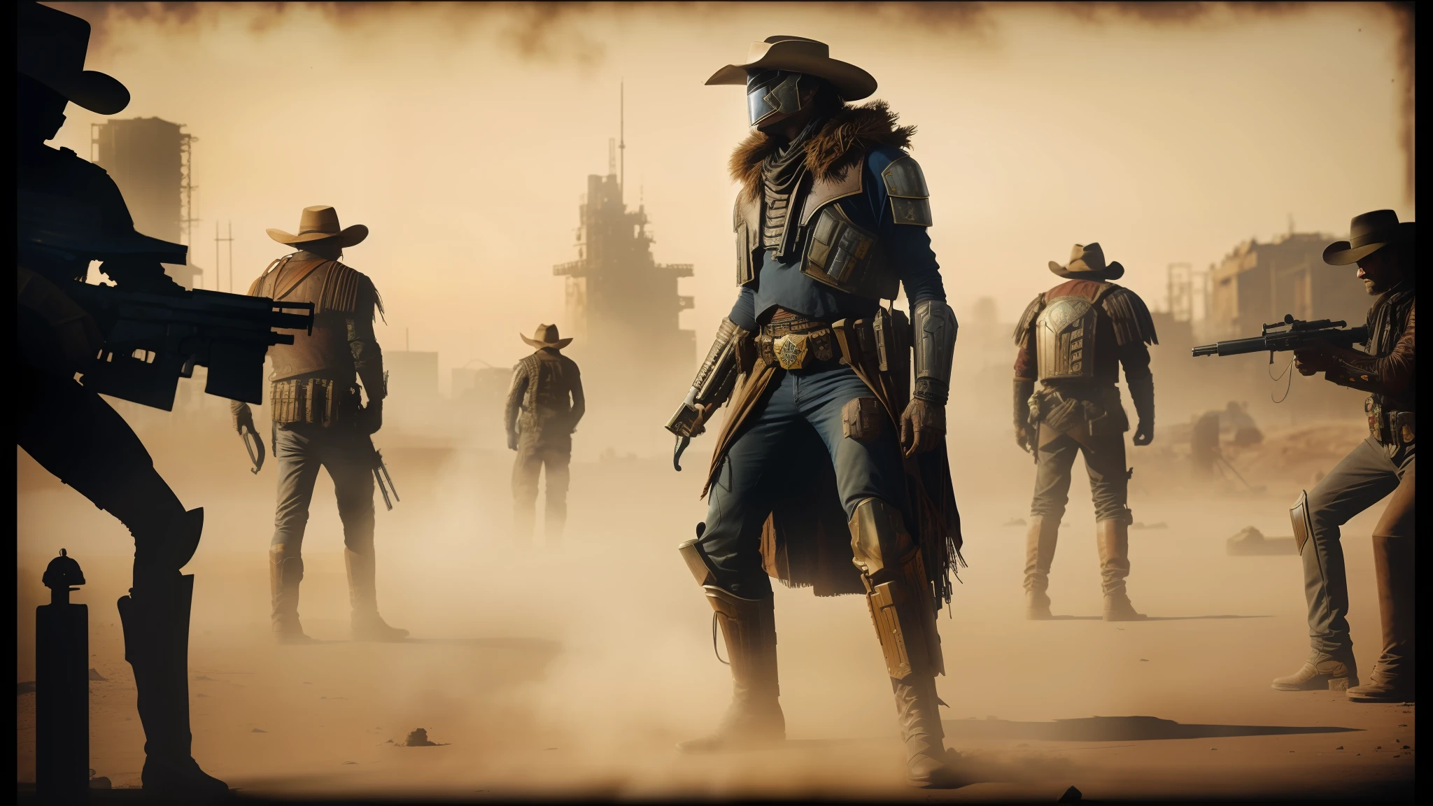 cowboys in a dusty area with guns and a gun, ornate cyberpunk armor, cinematic movie photograph, powerful male scarecrow, official judge dredd fanart, filmstill, inspired by Francis Ernest Jackson