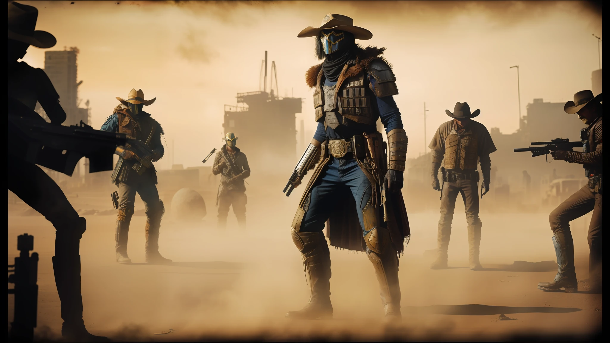 cowboys in a dusty area with guns and a gun, ornate cyberpunk armor, cinematic movie photograph, powerful male scarecrow, official judge dredd fanart, filmstill, inspired by Francis Ernest Jackson