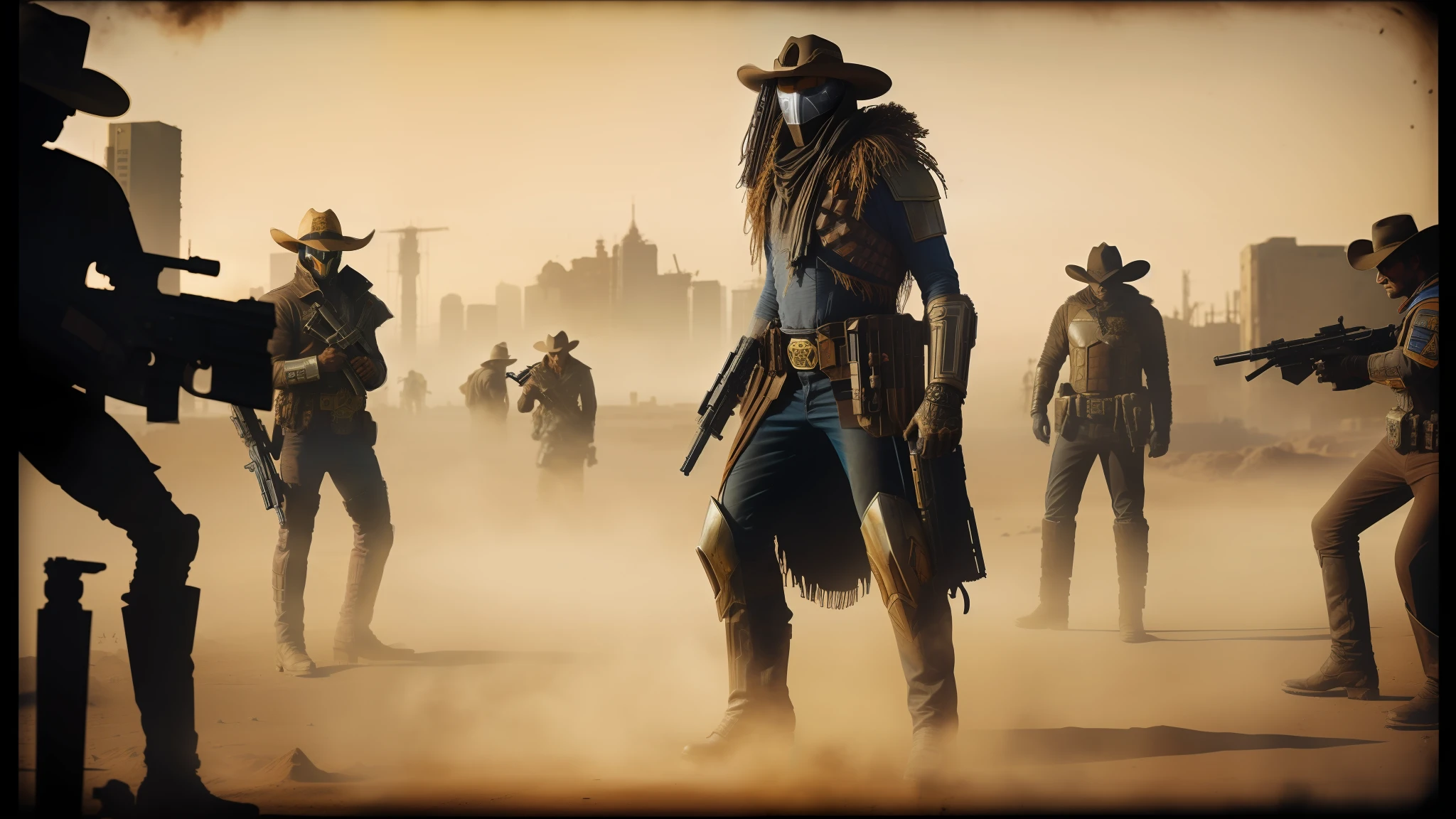 cowboys in a dusty area with guns and a gun, ornate cyberpunk armor, cinematic movie photograph, powerful male scarecrow, official judge dredd fanart, filmstill, inspired by Francis Ernest Jackson