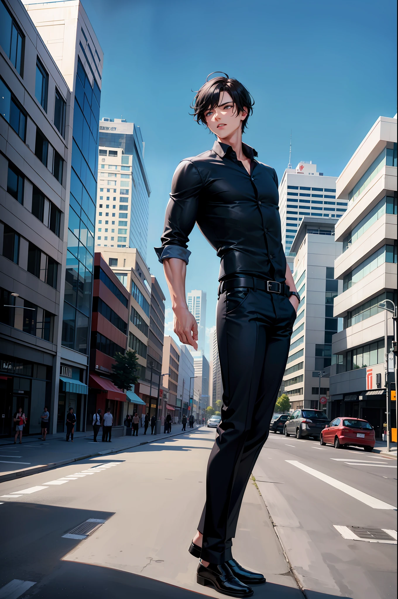 masterpiece, guy, focus guy, black hair, blue eyes, black shirt, pants, standing, city background,