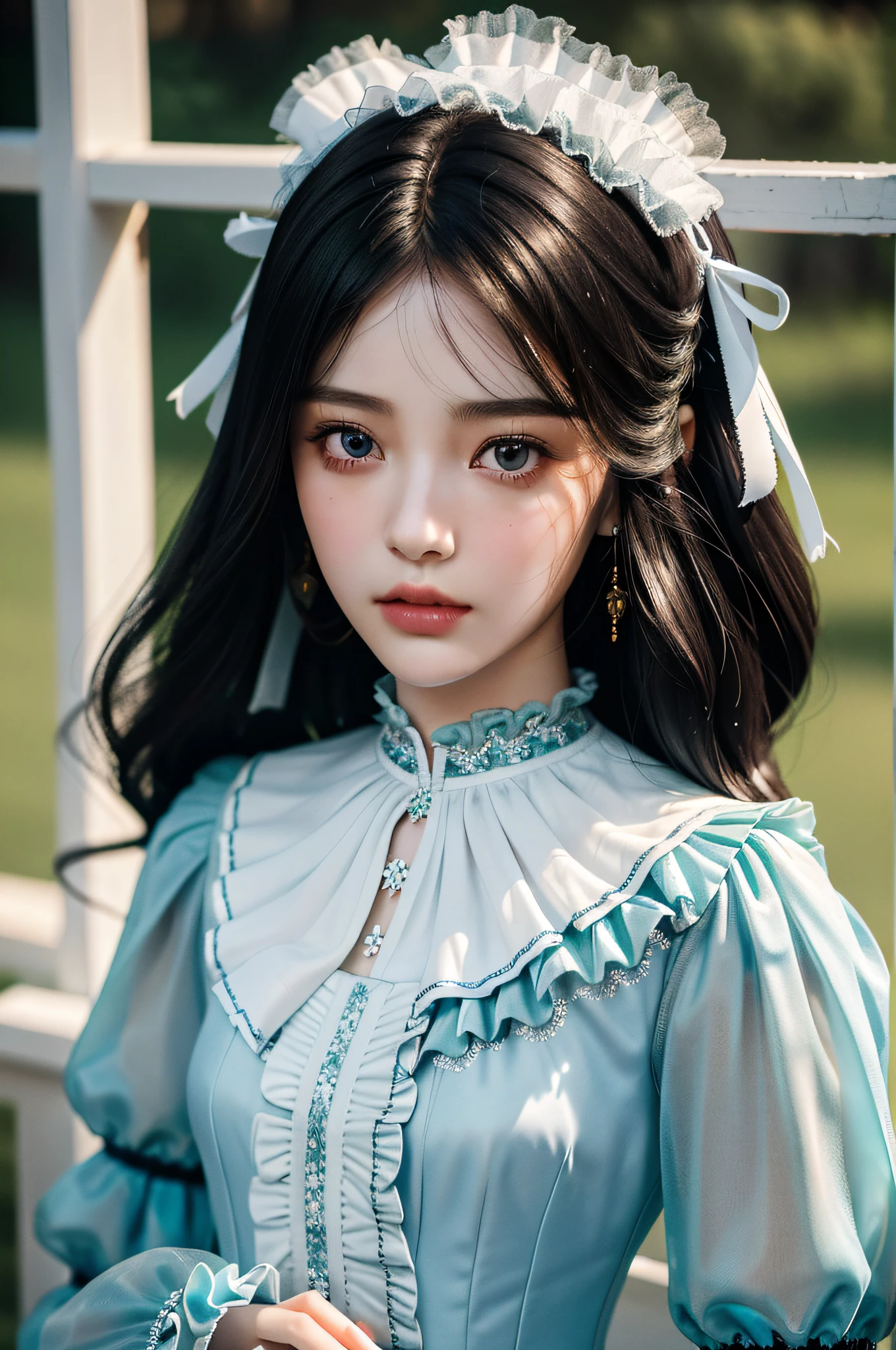 best quality, ultra hi res, photoreaslistic, a photography of a beautiful woman, 26yo teen age, detailed face, black Feathered layers, (detailed porcelain doll,delicate clothes with a lot of frills and ribbons), Bridge, (face close up), seductive look, looking at viewer