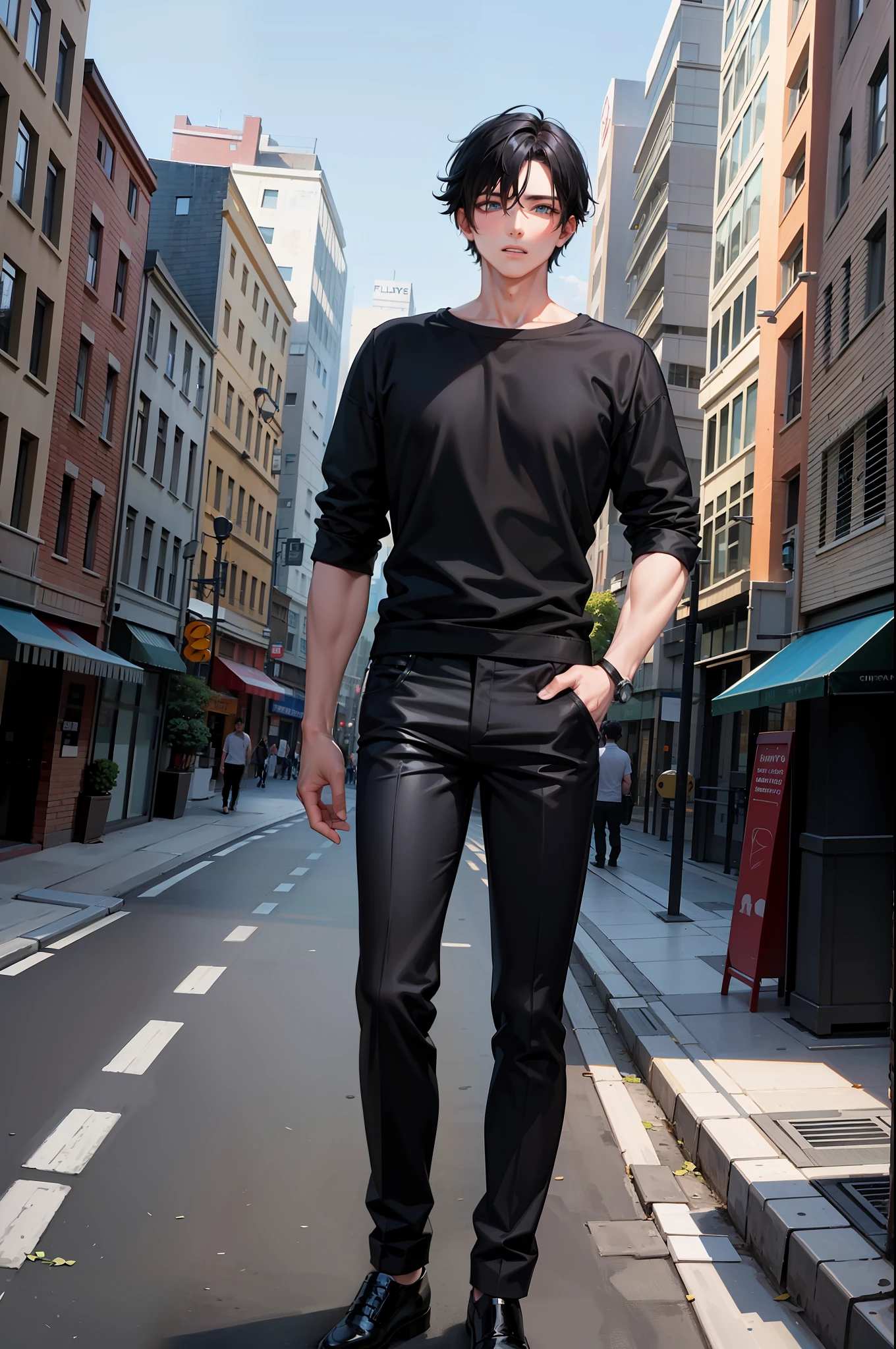 masterpiece, guy, focus guy, black hair, blue eyes, black shirt, pants, standing, city background,
