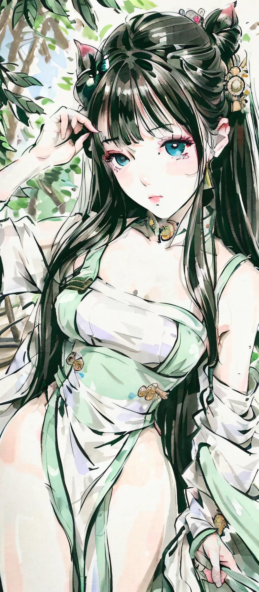 ibuki satsuki style, woman, masterpiece, top quality, official art, 8k wallpaper, highly detailed illustration, one woman, bewitching, lewd, sharp-eyed, adult, lewd, noble, light eyes, glossy woman in her 40s, bob hair, short cut, beautiful light brown hair, cut, adult atmosphere, queen, majesty, beautiful eyes, beautiful fingers, pure white underwear, green eyes, long hair, detailed eyes, forest, bare shoulders, kimono, calm, calm eyes, fresh green