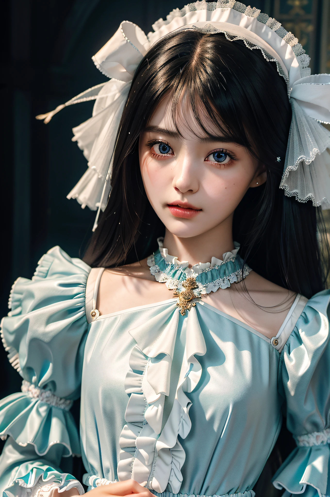 best quality, ultra hi res, photoreaslistic, a photography of a beautiful woman, 26yo teen age, detailed face, black Feathered layers, (detailed porcelain doll,delicate clothes with a lot of frills and ribbons), Bridge, (face close up), seductive look, looking at viewer