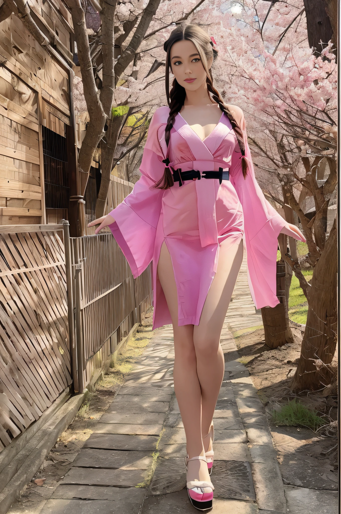 FULL SHOT, FULL DETAILED BODY, a masterpiece of erotic art, 1GIRL, in detail lolita DASHA in the image of a Japanese geisha walks towards the camera along a picturesque alley with blooming Japanese sakura along a path covered with fallen pink sakura petals, in detail her hair is long chestnut to the ground, in detail her eyes are bright brown , in detail the eyelashes are long and fluffy, in detail the lips are delicate, in detail the make-up is pink, in detail the clothes are a translucent Japanese sapphire-colored kimono with sakura flowers in the form of applications, in detail the shoes are Japanese sapphire-colored gane with braids on the legs, in detail the ultra-short kimono with deep cutouts and decollete exposes beautiful slender legs to, character flirting at the camera, back light bright sun rays, detailed beautiful rim light, soft front light, soft shadows on the face, beautiful chiaroscuro on the face and body, hyperrealism, hyperdetail, high resolution, clear focus, uhd, 32k , site 500px, David Dubnitsky style, nudeart style.