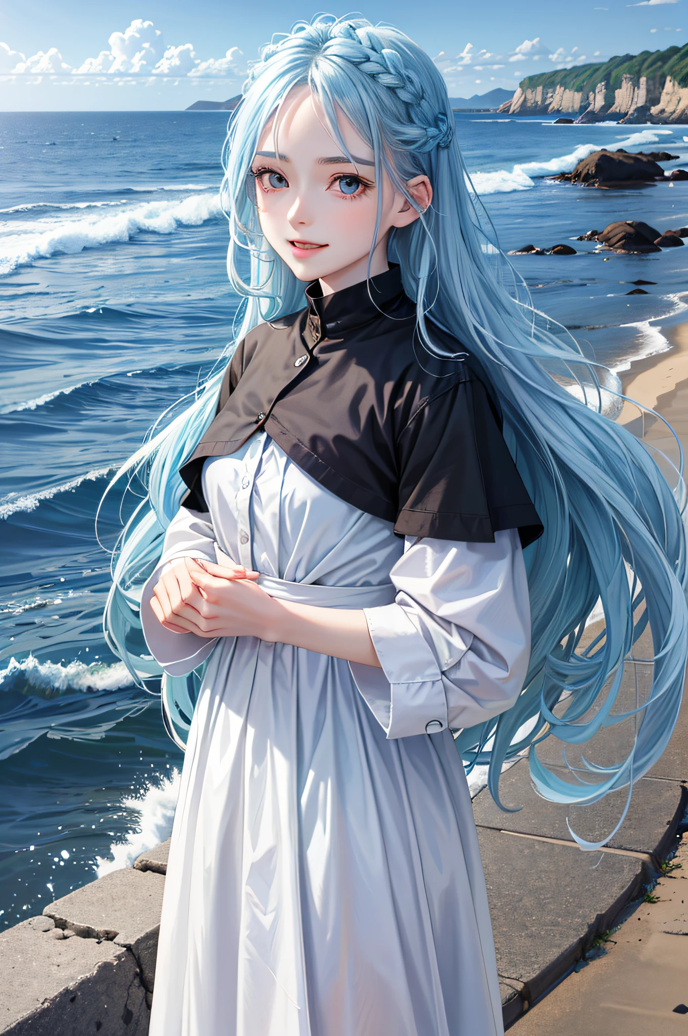 (Facial Focus), (1 Girl, Female, Woman, Solo, Pale Skin, Casual Fashion, Kawaii), (Long Hair, Single Braided Hair, Light Blue Hair, Cute Face, Light Smile), (By the Sea), Milky Way