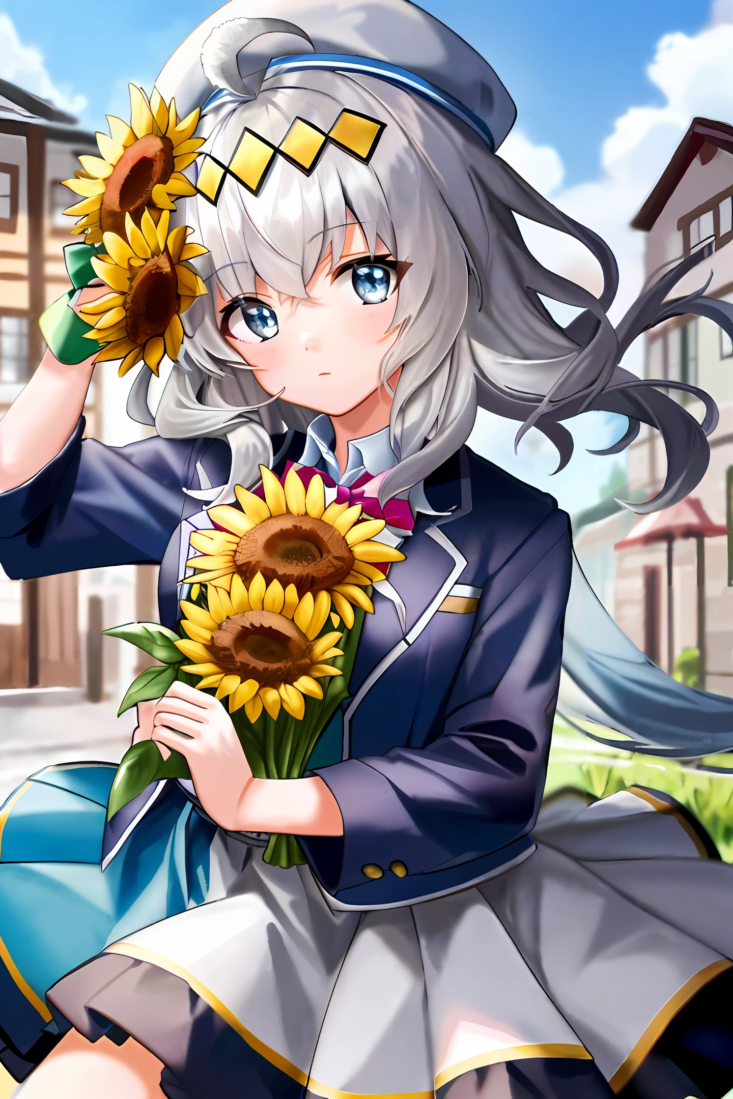 (masterpiece), high quality, 8k, 1girl, solo, beautiful lighting, kanaarima, short hair, (school uniform, jacket, blue jacket, black shirt, blue hat, white socks, hat, bow, pink bowtie, short skirt, grey skirt), lifting the skirt:1.5, (upper body, close up, looking at viewer), (outside, town, sunny day), ((anime screencap)),