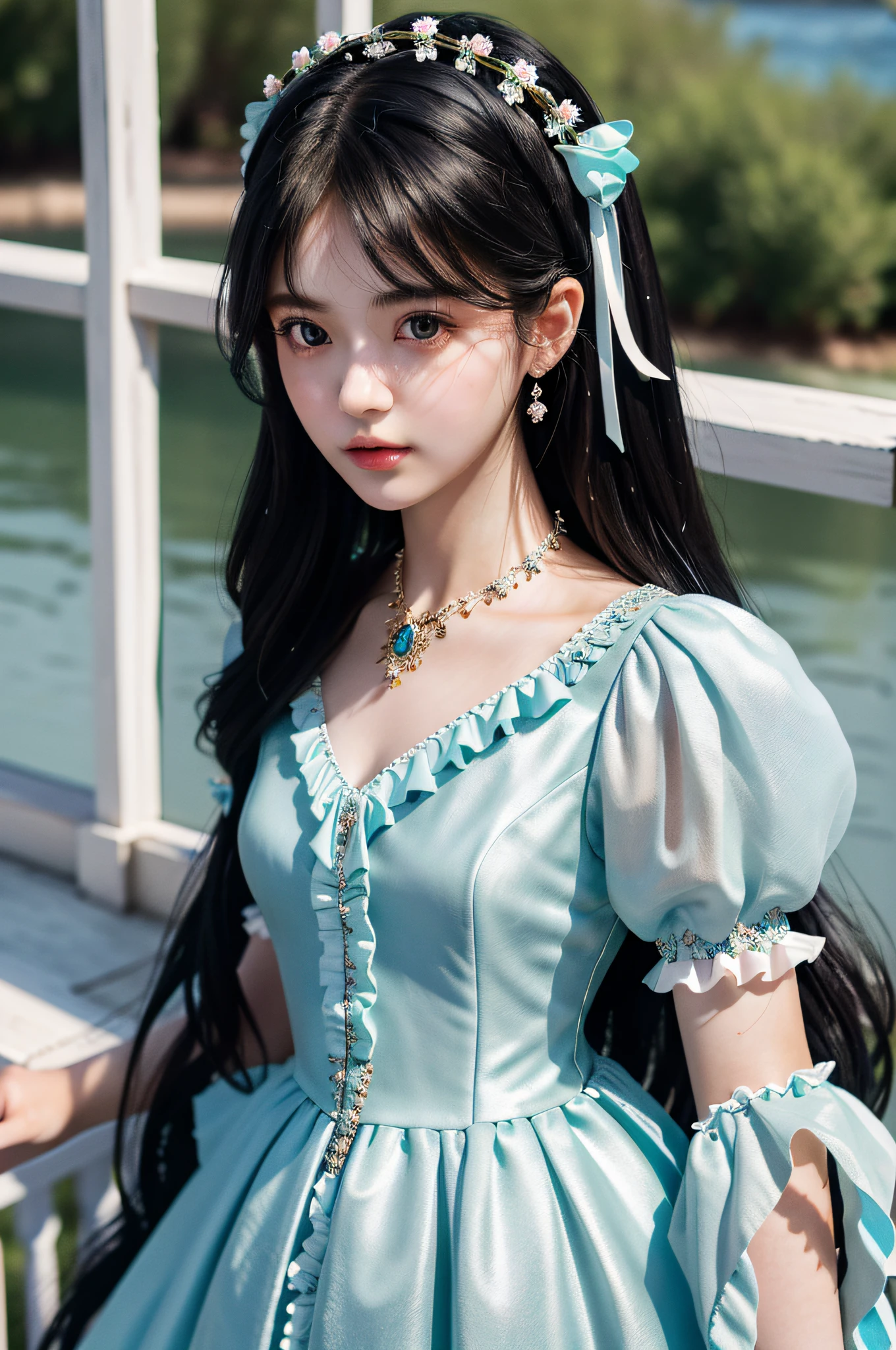 best quality, ultra hi res, photoreaslistic, a photography of a beautiful woman, 26yo age, detailed face, black Feathered layers, (detailed porcelain doll,delicate clothes with a lot of frills and ribbons), Bridge, (face close up), seductive look, looking at viewer