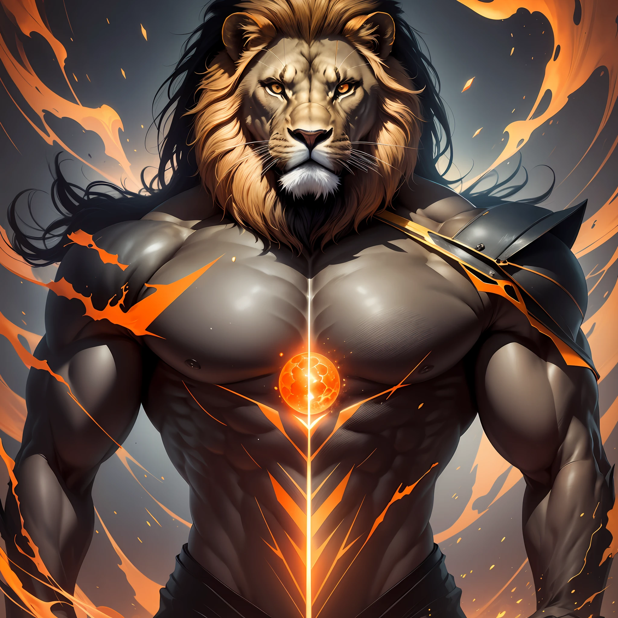 Portrait from afar of a muscular lion wearing an elegant black suit, with an orange nebula as background color, ultra detailed, ultra resolution, best quality, best aspect ratio, best anatomy, hyperrealism, high quality, HDR, vivid colors, 85mm lens, dark style, realistic face, light lighting --auto --s2