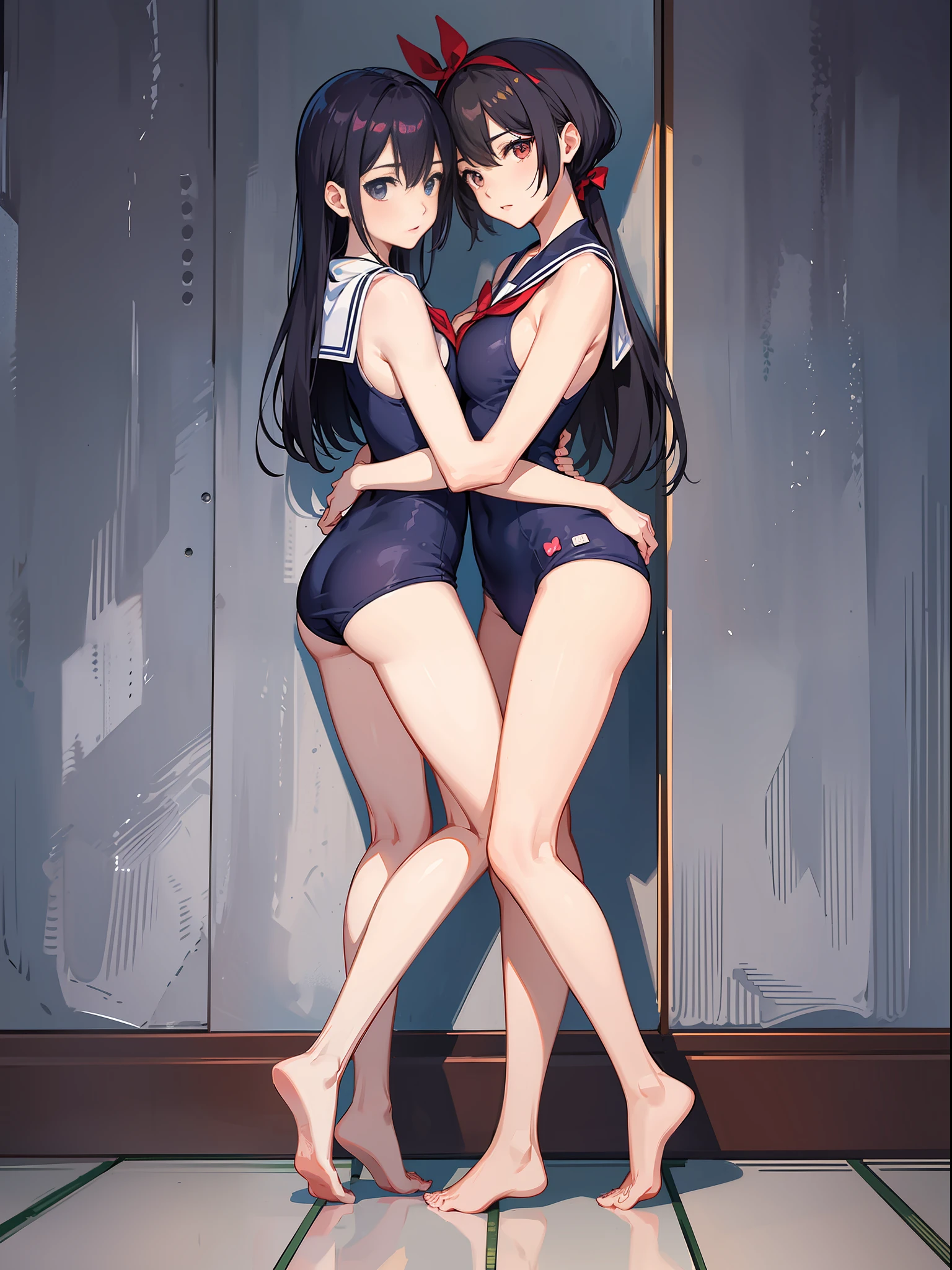 {2 slender beauties of Japan}, {Yuri}, hugging and staring at each other, high definition, best quality, super detail, {full body}, sailor school swimsuit