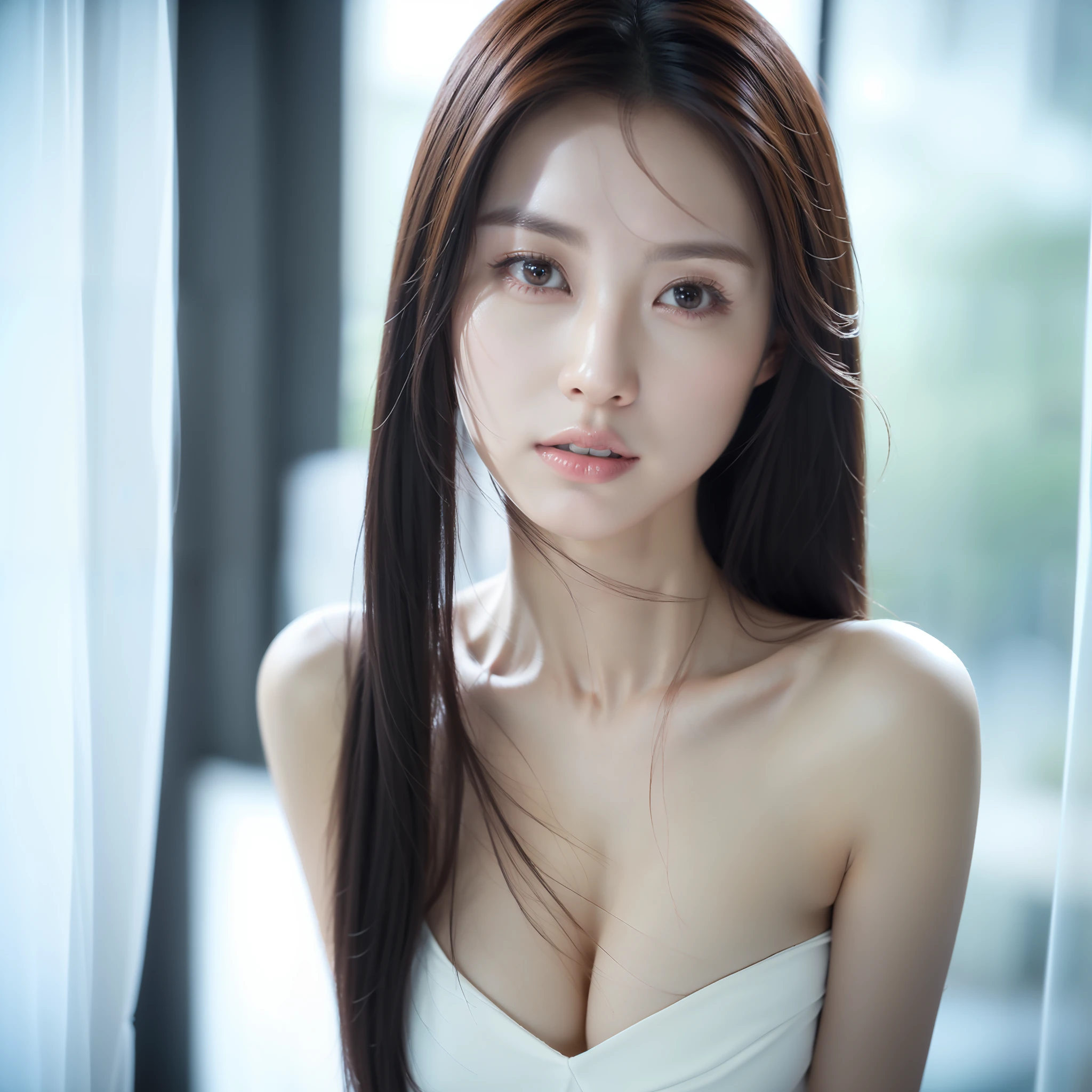 1girl, close-up of a woman standing by the window, Korean model, young sexy gravure idol, young beautiful gravure idol, realistic young gravure idol, realistic sexy gravure idol, young gravure idol, delicate gravure idol, young thin gravure idol, beautiful asian girl, (8k, RAW photo, best quality, mastery:1.2), (realistic, photo-realistic:1.37), ultra-detailed, (high detailed skin:1.2), 8k uhd, dslr, soft light, high quality, film grain, Fujifilm XT3, professional lighting, photon mapping, radiosity, detailed face and body, award winning photography, detailed face, hyper-realistic, ray tracing, intense gaze, looking at the audience, movie lights, RAW photos, 8k uhd