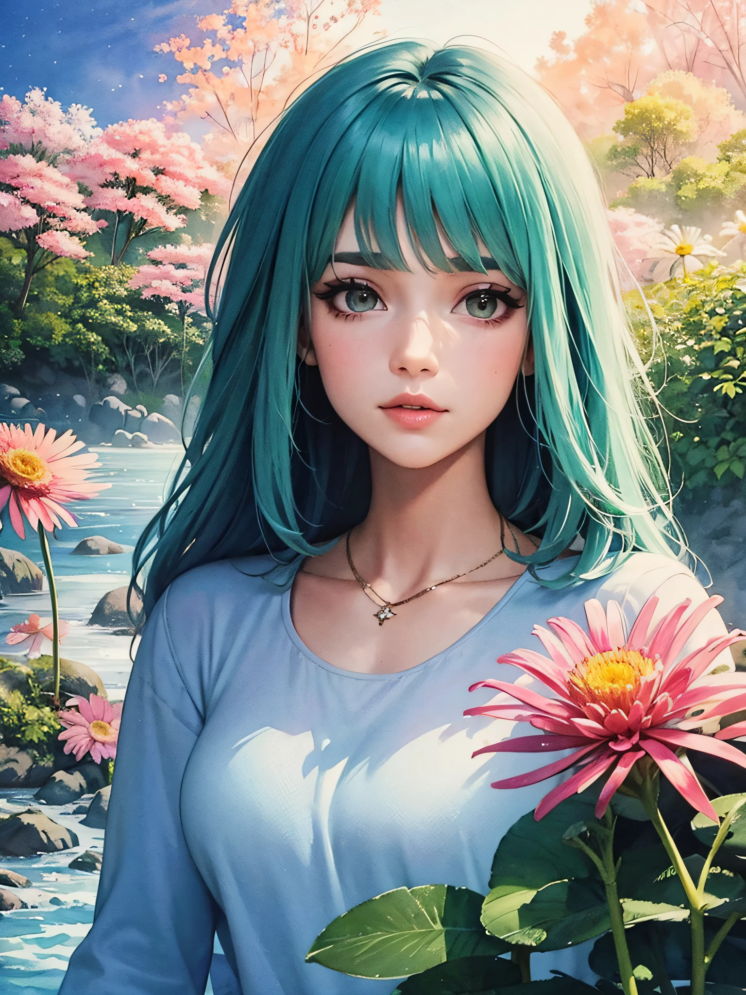 (watercolor) Masterpiece Portrait, Hdr, volumetric lighting, (themum:1.3), valley mountain forest, ocean ice rivers aurora, (portrait) anime (woman:1.3) 1girl