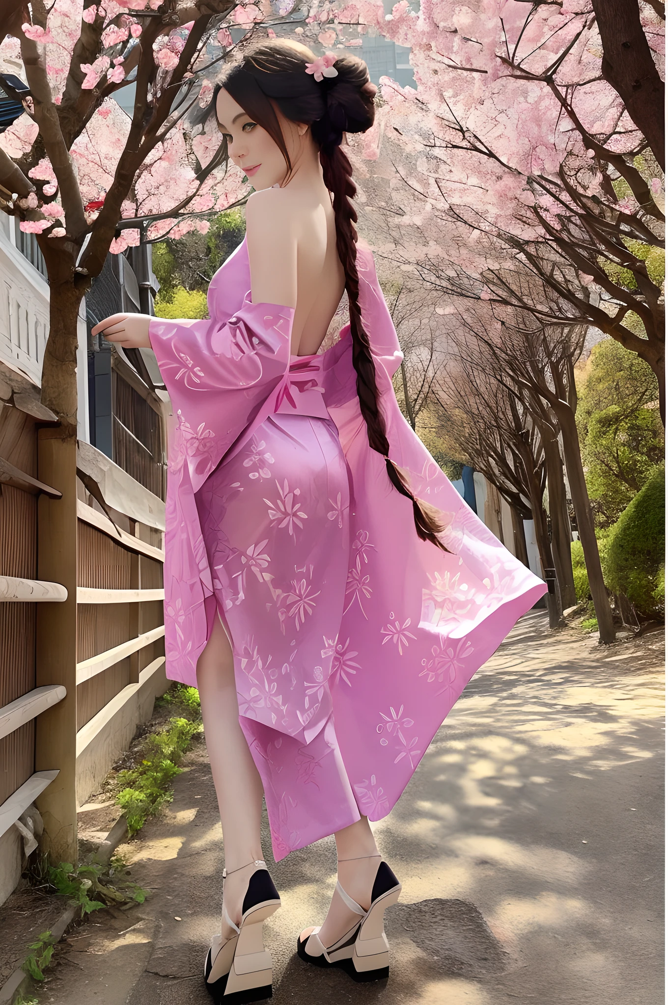 FULL SHOT, FULL DETAILED BODY, a masterpiece of erotic art, 1GIRL, in detail ta DASHA in the image of a Japanese geisha walks towards the camera along a picturesque alley with blooming Japanese sakura along a path covered with fallen pink sakura petals, in detail her hair is long chestnut to the ground, in detail her eyes are bright brown , in detail the eyelashes are long and fluffy, in detail the lips are delicate, in detail the make-up is pink, in detail the clothes are a translucent Japanese sapphire-colored kimono with sakura flowers in the form of applications, in detail the shoes are Japanese sapphire-colored gane with braids on the legs, in detail the ultra-short kimono with deep cutouts and decollete exposes beautiful slender legs to, character flirting at the camera, back light bright sun rays, detailed beautiful rim light, soft front light, soft shadows on the face, beautiful chiaroscuro on the face and body, hyperrealism, hyperdetail, high resolution, clear focus, uhd, 32k , site 500px, David Dubnitsky style, nudeart style.