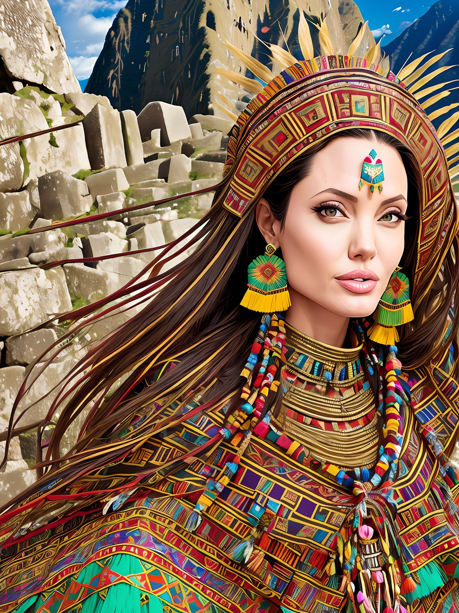 Angelina Jolie: In the ancient city of Machu Picchu in Peru, Angelina Jolie stuns in a bold and colorful traditional Peruvian ensemble. Adorned with intricate patterns and vibrant textiles, she pays homage to the indigenous culture of the region while exploring the majestic ruins nestled in the Andes Mountains.