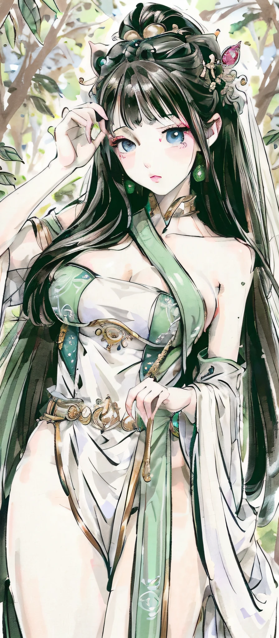woman, masterpiece, top quality, official art, 8k wallpaper, highly detailed illustration, one woman, bewitching, lewd, sharp eyes, single, sharp eyes, adult, lewd, noble, light eyes, woman in her 40s with lustrous, bob hair, short cut, beautiful light brown hair, cut, adult atmosphere, queen, empress, majesty, beautiful eyes, beautiful fingers, pure white underwear, green eyes, long hair, detailed eyes, forest, bare shoulders, Japanese clothes, calm, calm eyes, fresh green