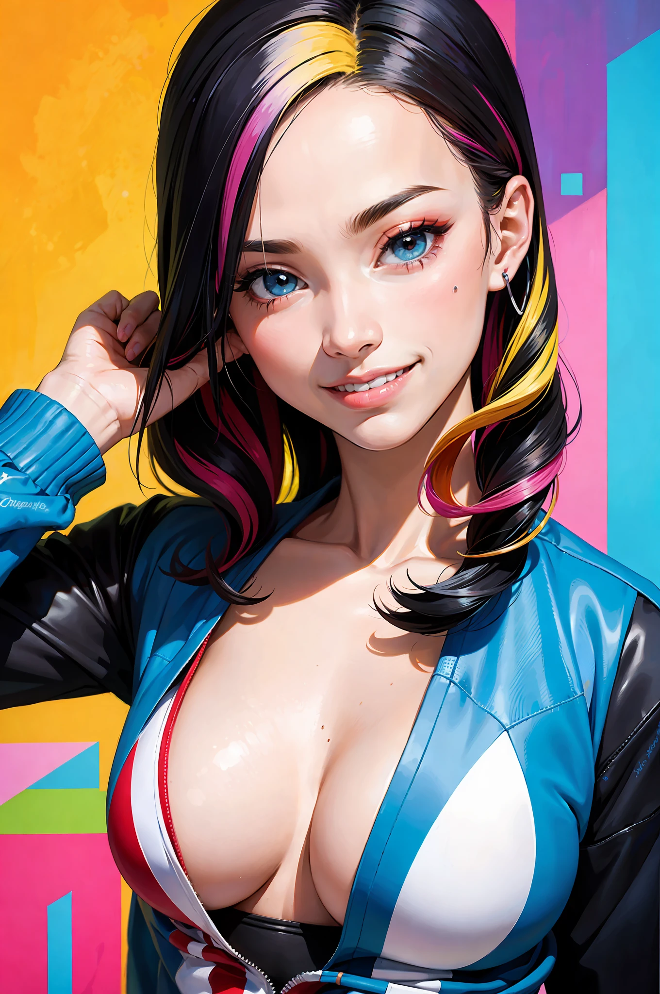 absurdity, two-tone hair, 16 years old,
break
Best quality, wicked smile, RAW photos (Photorealistic: 1.4)
break
, in the style of pop art, create images with bold colors, strong contrasts and references to popular culture.