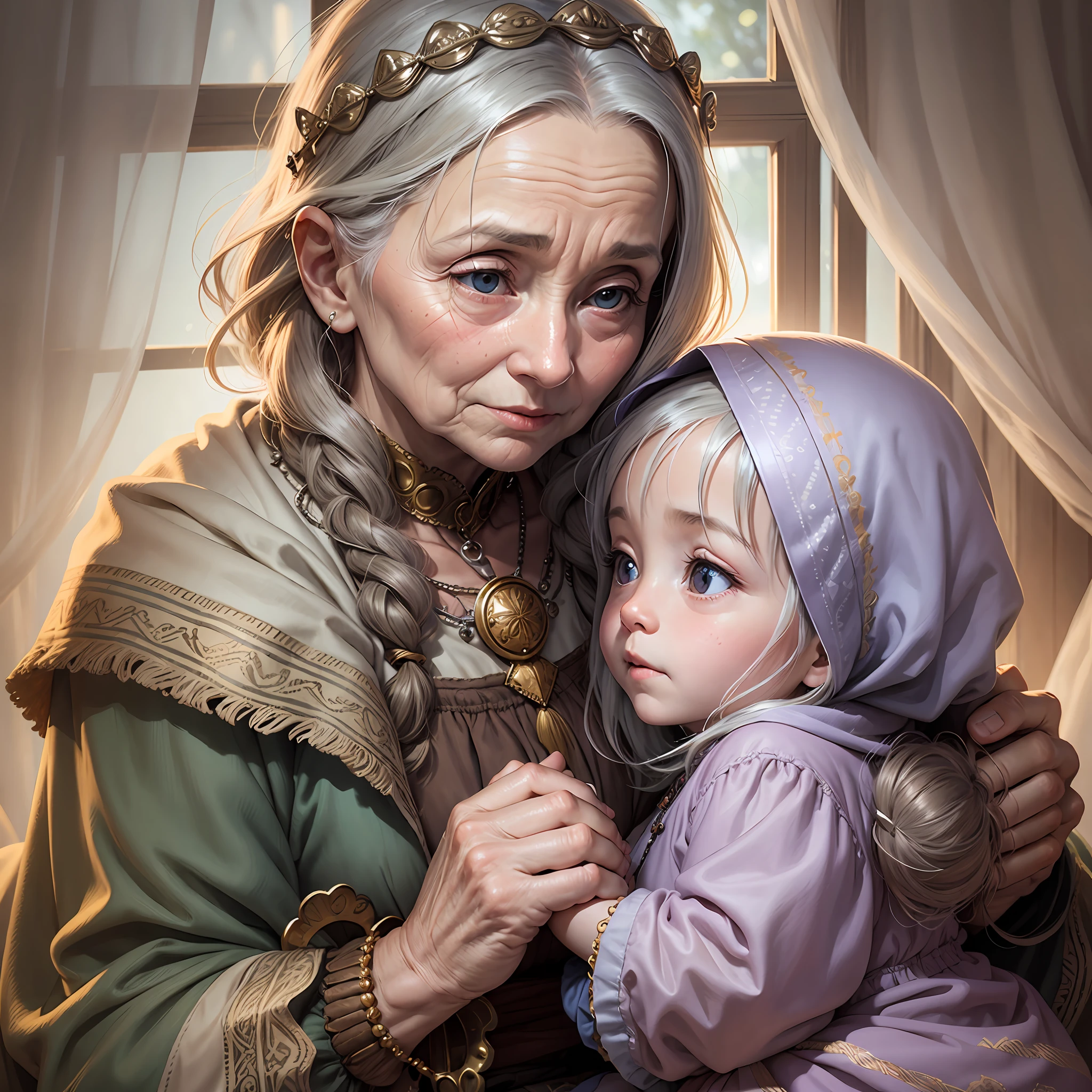 The wise realistic old woman sits with an young child, tenderly placing her hands upon the little one's forehead, her eyes shimmering with ancient knowledge --auto --s2