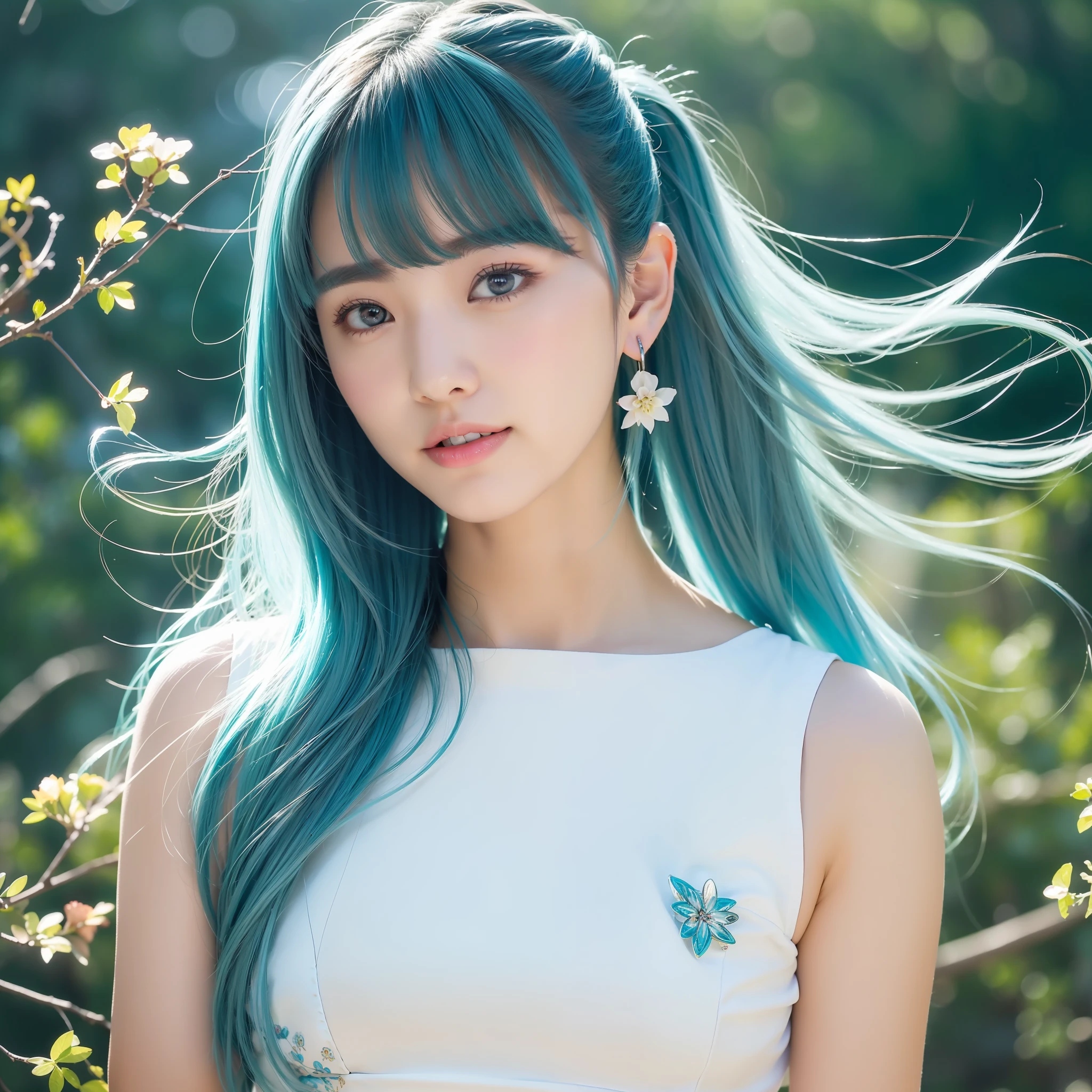 (masterpiece), (best quality), (ultra detailed),(disheed hair),(illustration), (1girl), (Fashionable clothing), standing, Fashion model, looking at viewer, (interview), (simple background), beautiful and delicate eyes, delicate beauty, floating, (high saturation), (colorful splash), colorful bubbles, (shine), focus on face, white teeth, straight teeth, tiger teeth, ponytail, Ayaka Kamisato, light blue hair, bangs, hair circles, floating flowers, flowing hair, (shiny), best lighting, best shadow,