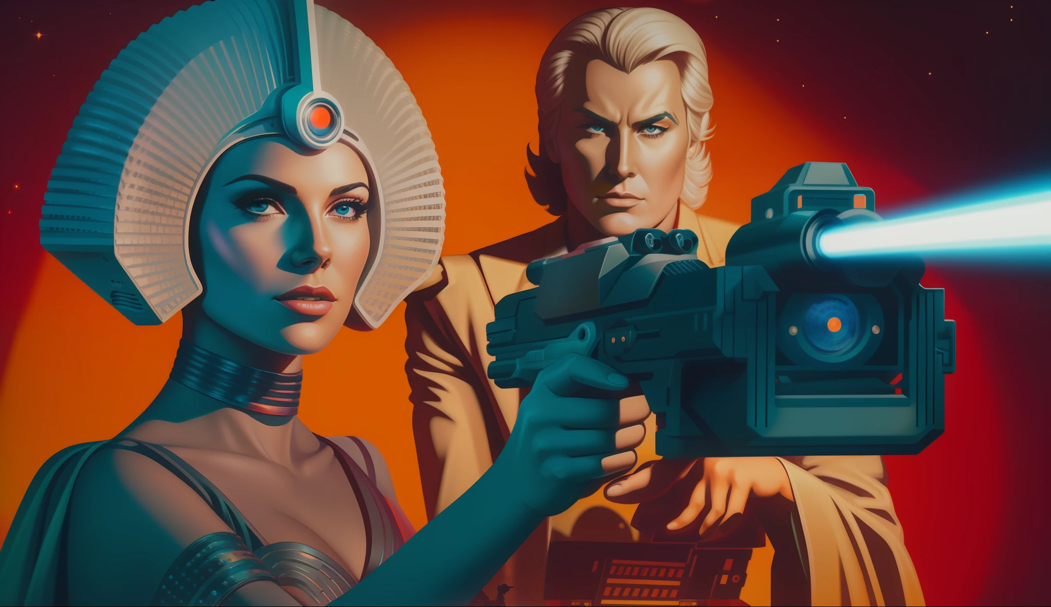 a woman holding a laser gun beside a man, poster art by Adam Rex, featured in cg society, retrofuturism, reimagined by industrial and magical light, sci-fi, synthwave