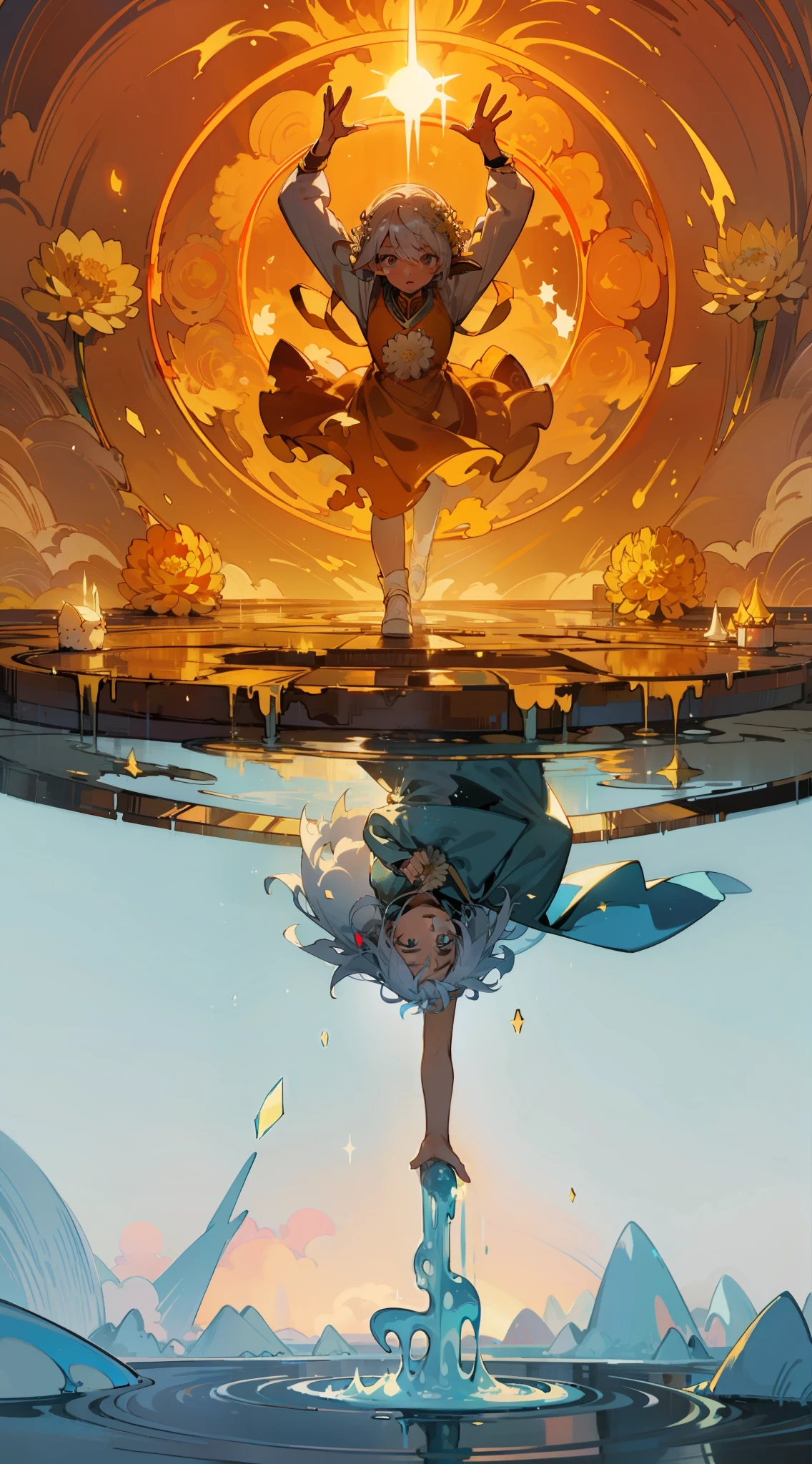 ((Flip World)), Flipped Extreme Cold World, Frozen Goddess, Hands Up, (Characters Soaring into the Sky: 1.331), White Hair, Wearing Ice Dress, (White Chrysanthemum: 1.2), Magic Array Under Feet, Water Ripples, Spinning, (Slime Elf: 1.331), Wind, Outdoor, Strong Sunlight, (Background is Broken Mirror: 1.4), Mirror with Rotation, First-Person View, Double Eyelids, Convex Nose Bridge, Small mouth, high cold, comics, ray tracing, detail, 8K, HD, high quality