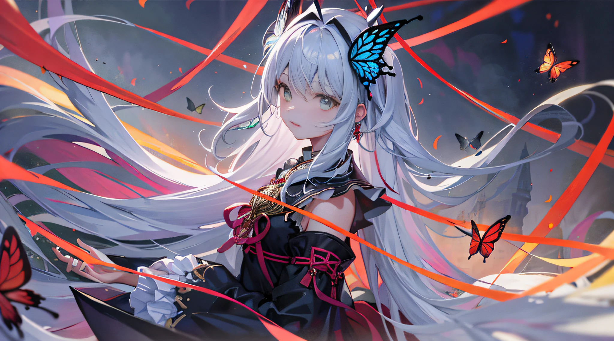 Surrounded by burning flames, surrounded by many butterflies, dark green eyes, wearing intricate gemstone ornaments, and holding a cyan lamp in his hand