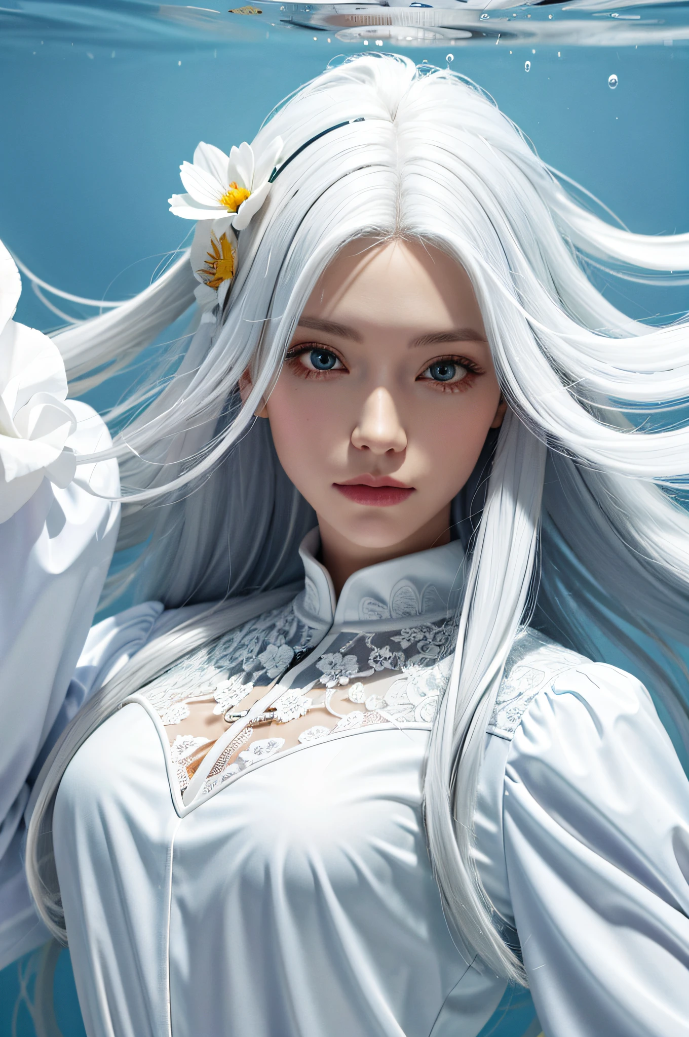 (absurd, high resolution, ultra detailed), 1 girl, single, mature, (long white hair), white dress, long sleeved, elegant, holy, colorful, more detailed, portrait, close-up, underwater, floating hair, flower