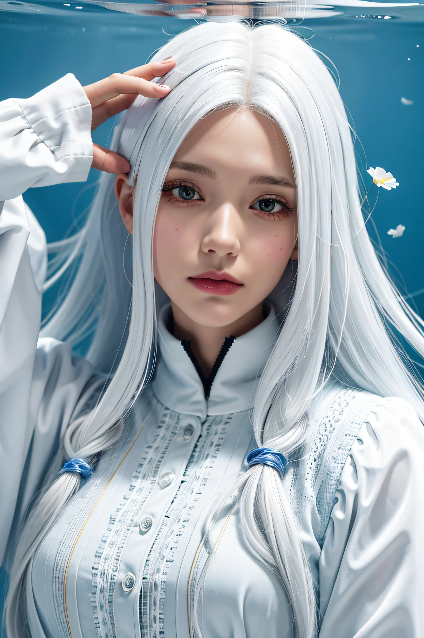 (absurd, high resolution, ultra detailed), 1 girl, single, mature, (long white hair), white dress, long sleeved, elegant, holy, colorful, more detailed, portrait, close-up, underwater, floating hair, flower