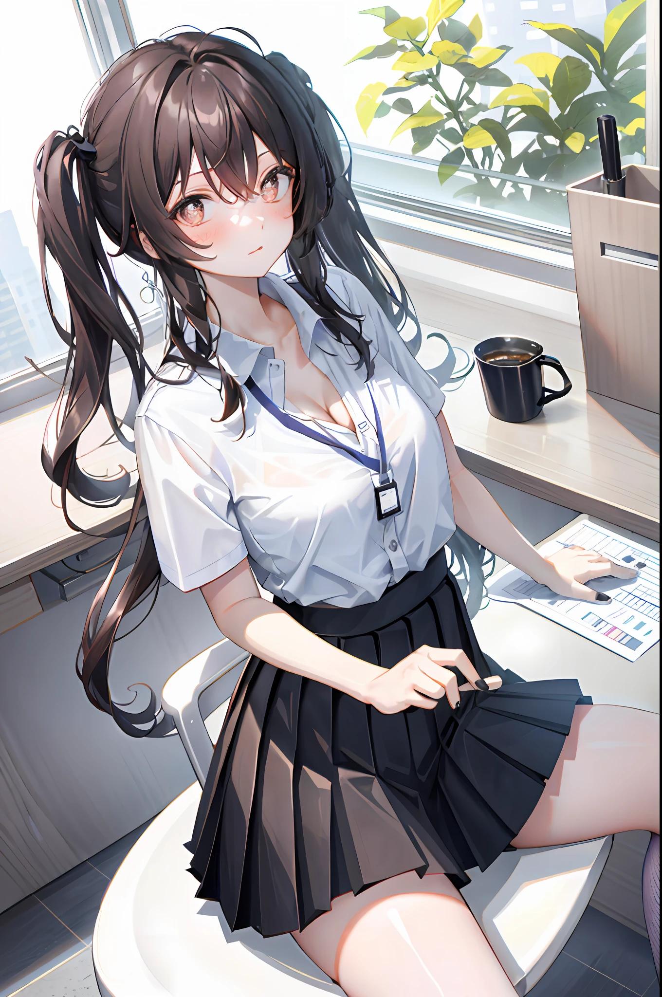 Hu Tao, 1girl, solo, ((white shirt)), black thighhighs, breasts, cleavage, uniform, office background, black skirt, pleated skirt, office, hair between eyes, brown eyes, flower pupils, medium breasts, long hair, looking at viewer, Black hair, brown short nails, solo, thighhighs, thighs, very long hair, ((masterpiece)), sitting, chair, desk, computer on desk, name tag, id tag, indoor, blush, sexy pose, ((long twintail)), short sleeve,