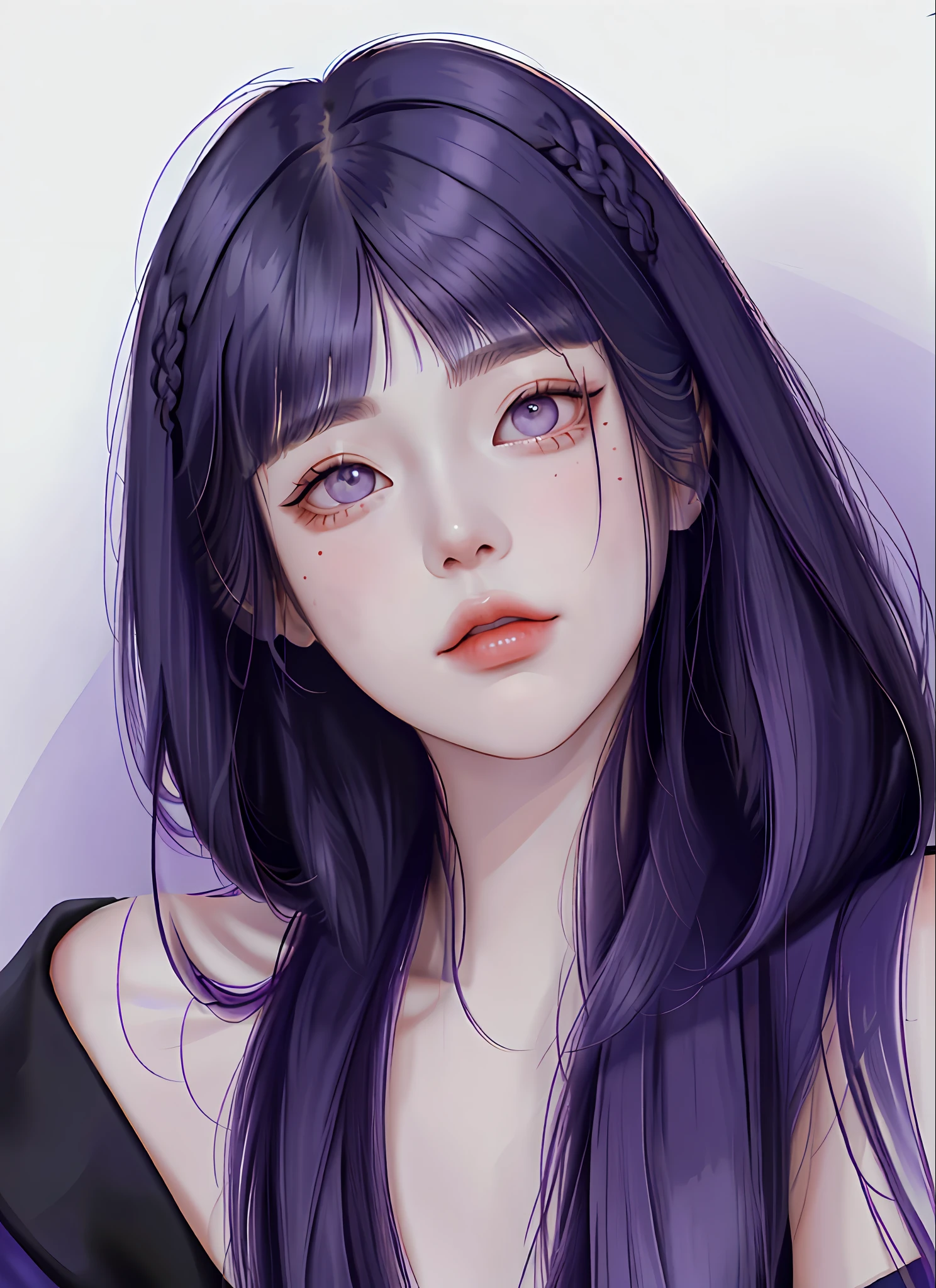 woman, portrait, masterpiece, painting, korean hair style, long hair, hair bun, braids, professional hair stylist, gorgeous hair, abstract background, purple eyes, dark blue hair, ((blunt bangs))