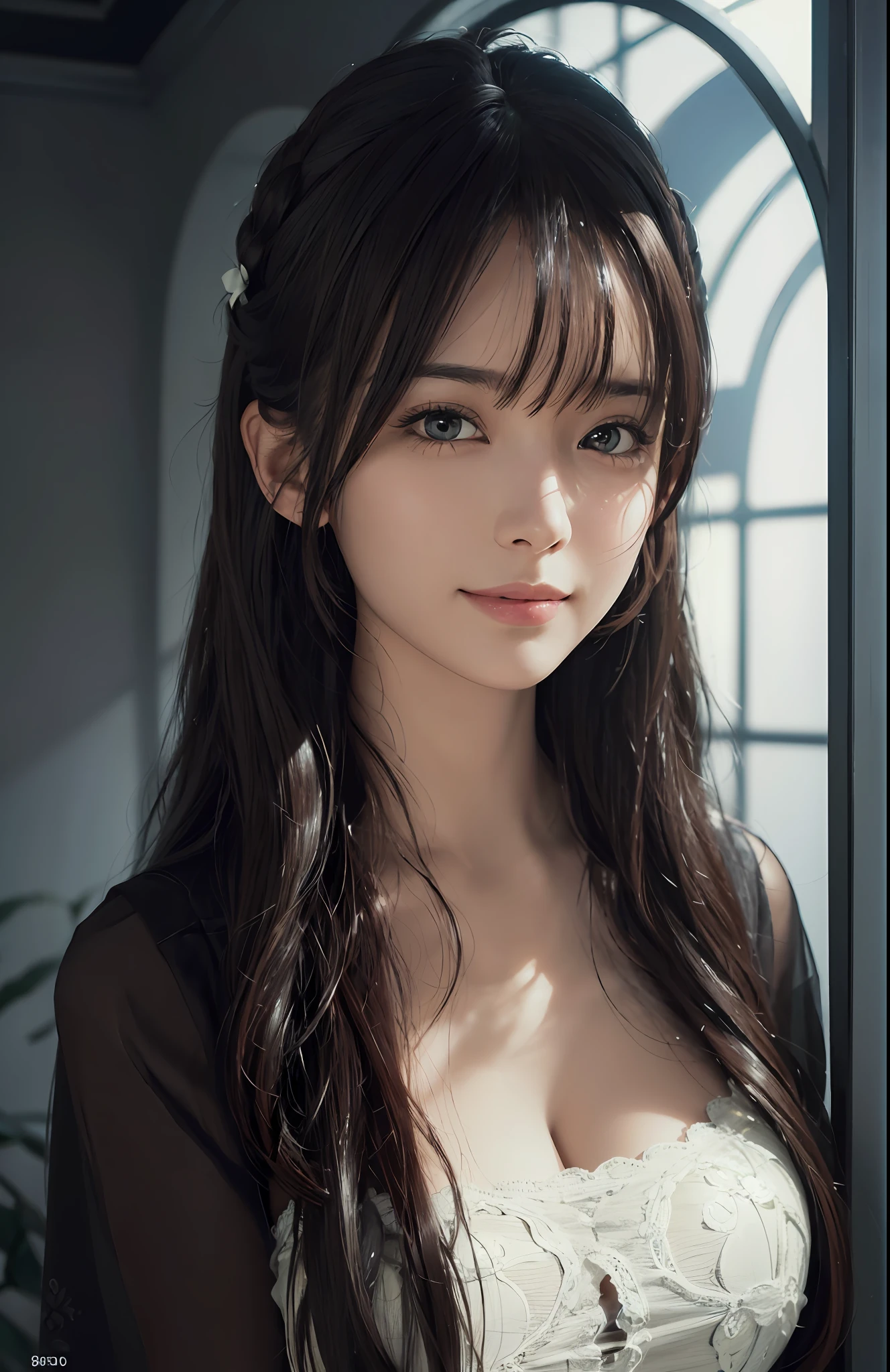 (Ultra Realistic), (Illustration), (Increased Resolution), (8K), (Extremely Detailed), (Best Illustration), (Beautiful and Detailed Eyes), (Best Quality), (Ultra Detailed), (Masterpiece ), ( wallpaper), (detailed face), solo, 1 girl, looking at viewer, fine details, detailed face, in the dark, deep shadows, low key, pureerosfaceace_v1, smiling, long hair, black shawl straight hair , 46 points oblique bangs