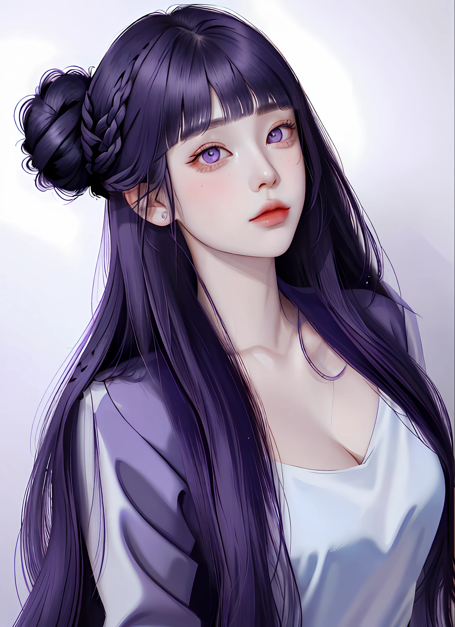 woman, portrait, masterpiece, painting, korean hair style, long hair, hair bun, braids, professional hair stylist, gorgeous hair, abstract background, purple eyes, dark blue hair, ((blunt bangs))