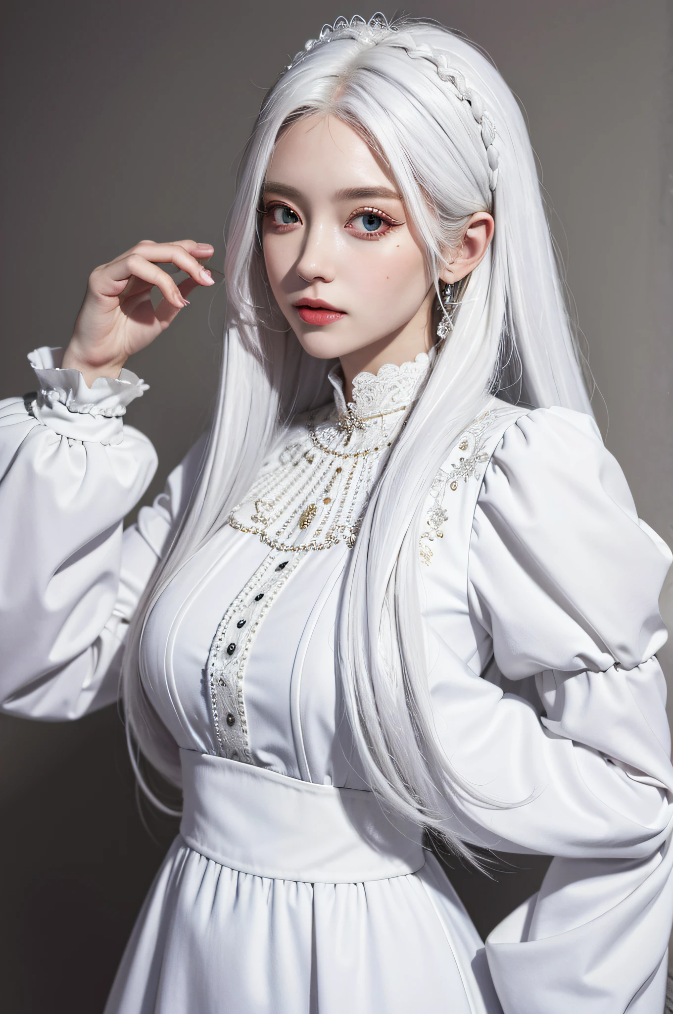 (absurdres, highres, ultra detailed), 1girl, solo, mature, (very long hair, white hair), Baroque, long dress, long sleeve, elegant, colorful, highest detailed, upper body