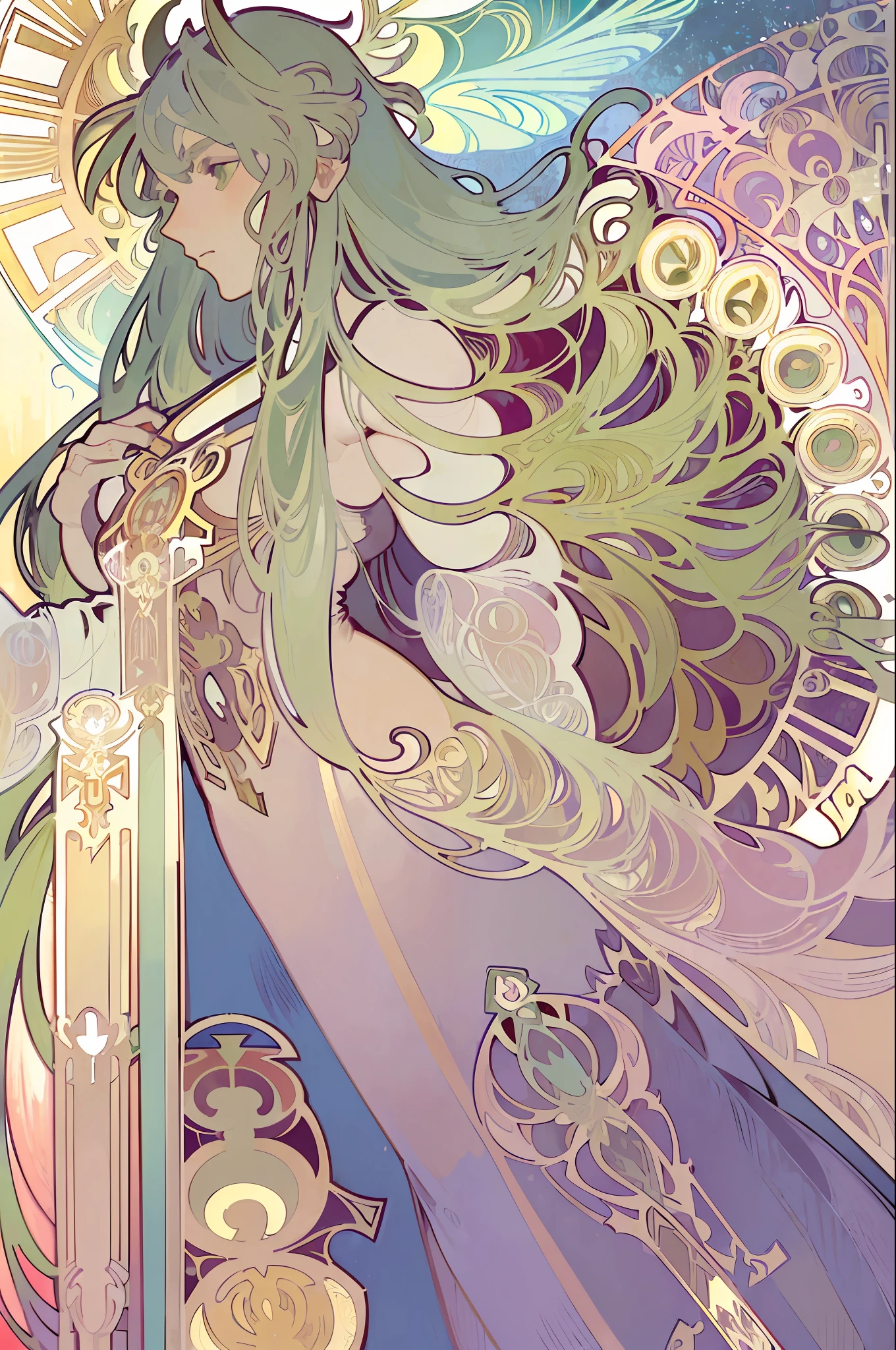 (Alphonse Mucha:1.4),Facial portrait of European beauty,Dance，length hair,Red with green gradient hair flower decoration,（Very little clothing：2），(detailing+complex detail:1.2),4K,Abstract art,The body is proportional，line art,Side face，Colorful,Fibonacci，Mucha style