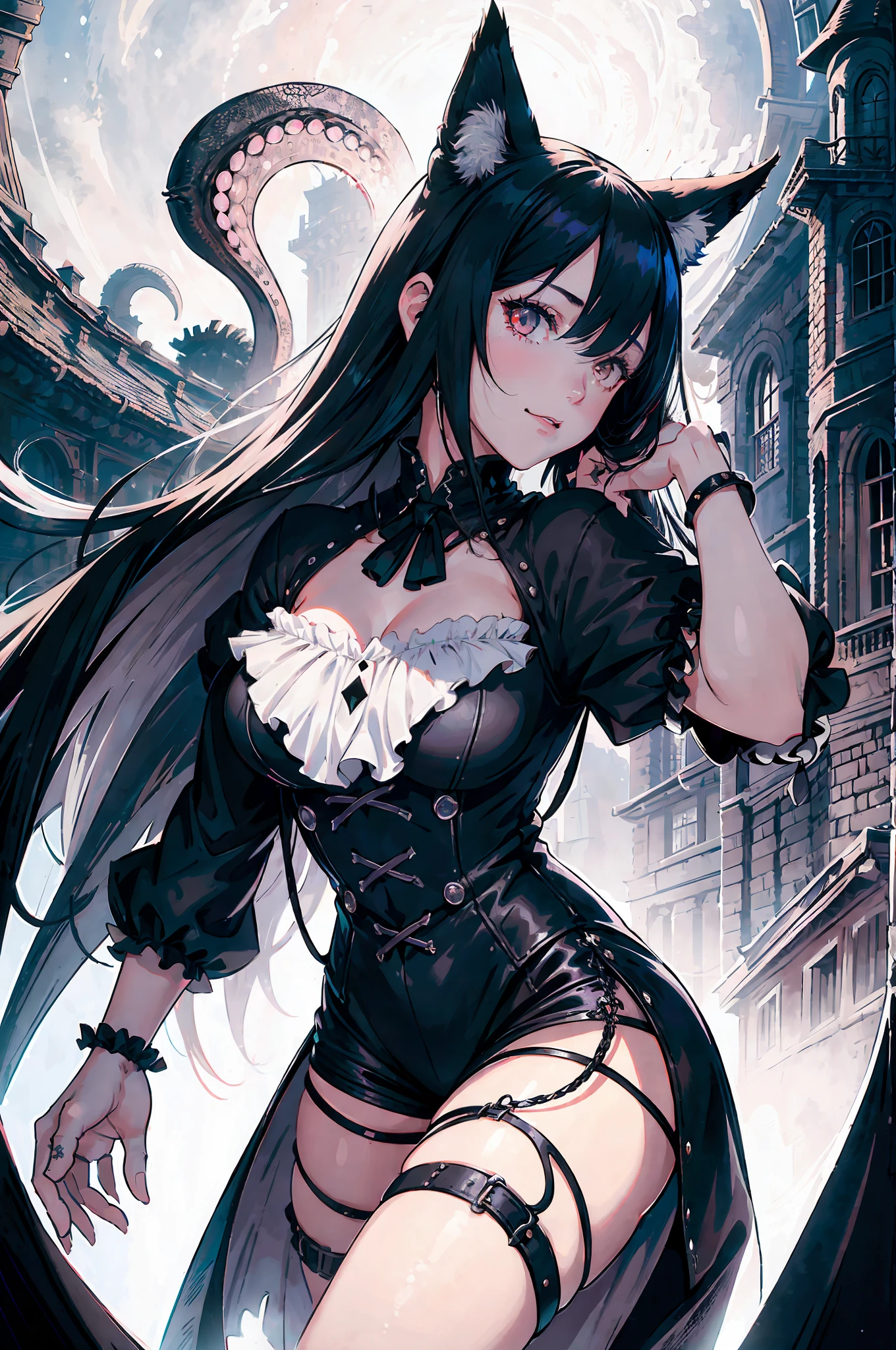 detailed art, ultra-detailed, 150mm analog lens, complex details, hyperrealistic, ultra-detailed, octa-based rendering, 8k post-production, iridescent colors, night, (realistic, photo-realistic:1.4), gloomy atmosphere, moonlight, detective, victorian theme, antiquity, steampunk, men of medan, gloom, cthulhu, fog, ((1girl)), girl, ((black and white hair)), wolf ears, half hair black, half hair white, two-tone hairstyle, thigh-length, white hair, 2 hair tones, 2 hair colors, dark, very dark, nighttime, no bright light, lovecraft, ((horror)), fear, ((Lovecraft)), evil smile, tentacles