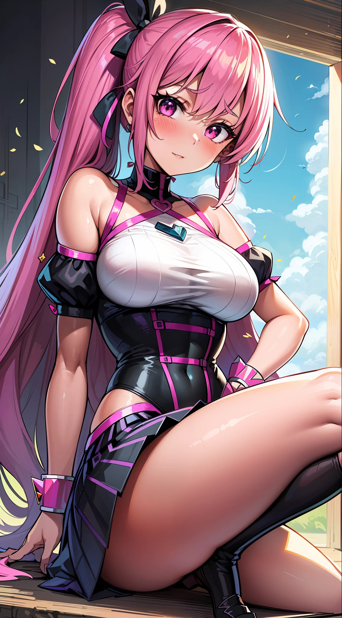 (HD, Sharp, Fractal), 1 Woman, Super Glossy Skin, Magical Girl, 25 years old, Leotard, Mini Skirt,Big, Pink and Black Costume