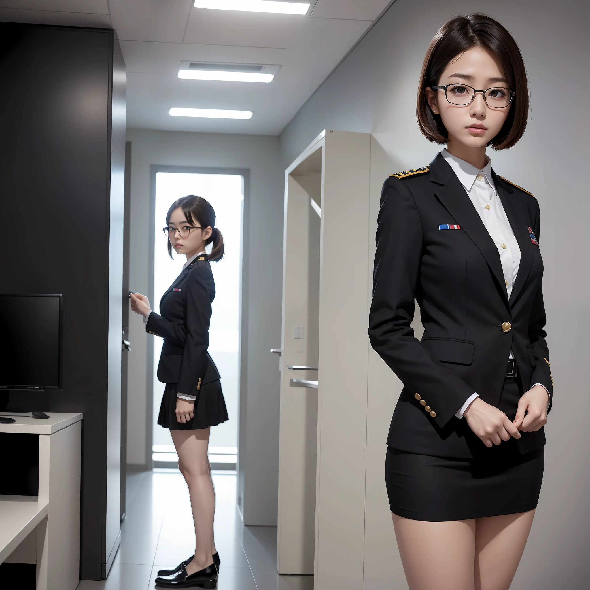(Alone),(Solo),OL Arafe woman in uniform posing for photo, office lady, suit, miniskirt, anger, small, glasses, slim girl model photo, physical: Tinyest Midliflever, female model, Japan female fashion model, Sakura Miyawaki, LE SSERAFIM, (8k, RAW photo, top quality, masterpiece: 1.2), (realistic, photorealistic: 1.37), ultra detail, ultra high resolution, summer, office district, standing figure, whole body, (((SEXY)))