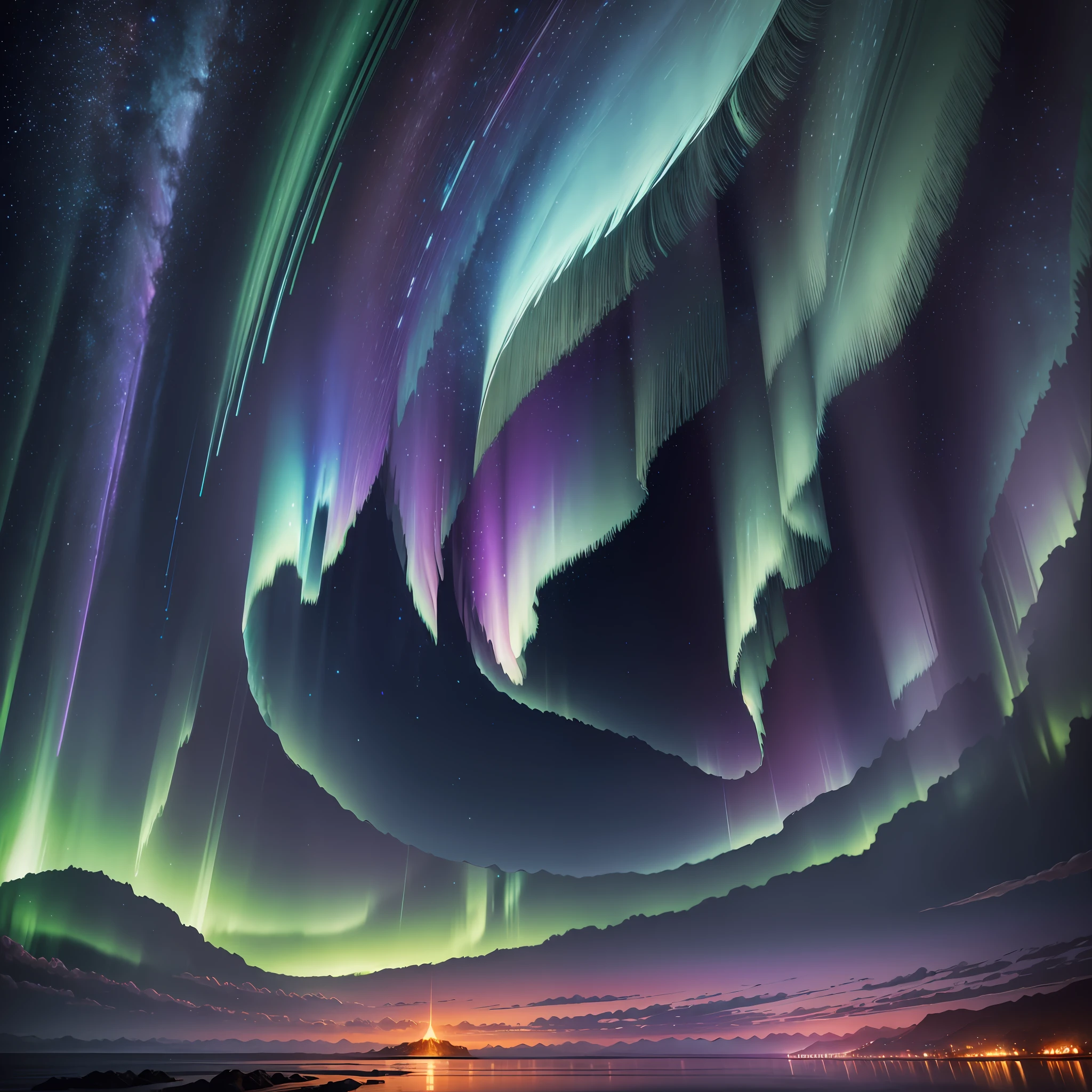 Computer graffique, realistic fantasy, ultra-landscape, colorful landscape, three-dimensional colorful drawing, ultra-current, ultra-detailed, the world inside the bottle, inside the ocean (ultra-detalized), shore (ultra-detalized), erupting volcano (ultradetalized), starry sky (ultradetalized), meteor shower (ultradetalized), outside stones, night, northern lights, magic, gloomy, bright colors, blue, purple, orange, 4 k --auto --s2